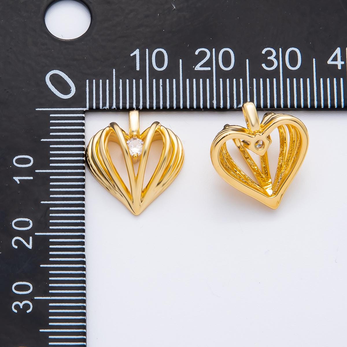 18K Gold Filled 16.2mm CZ Ribbed Geometric Heart Charm in Gold & Silver | AF1356