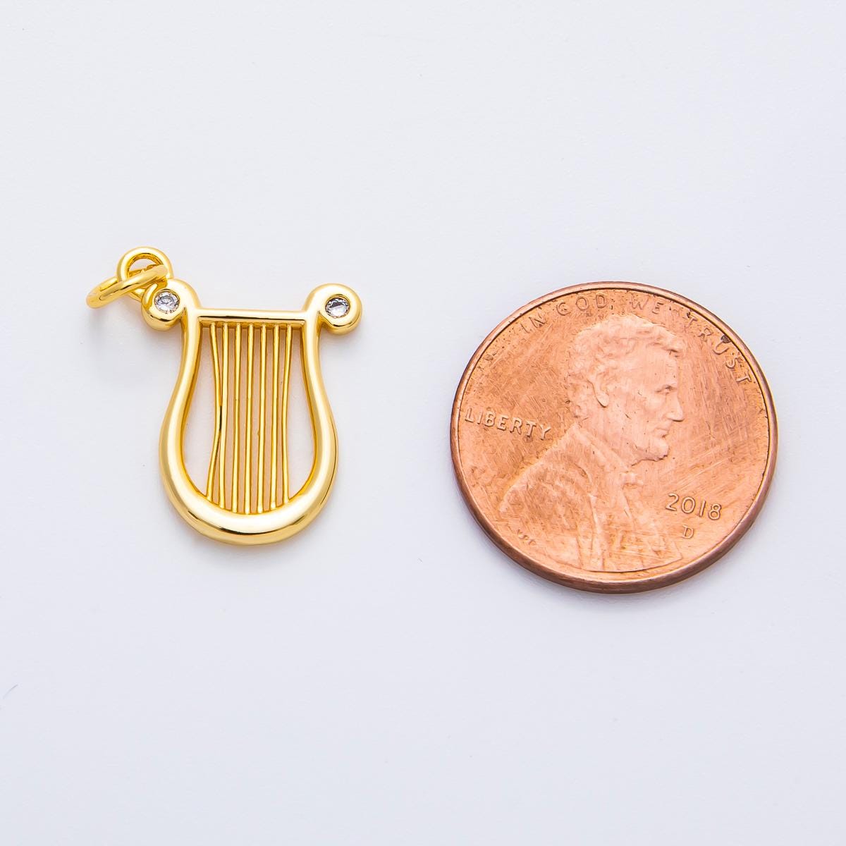 18K Gold Filled 21mm CZ Harp Musical Instrument Charm in Gold & Silver | AF1357