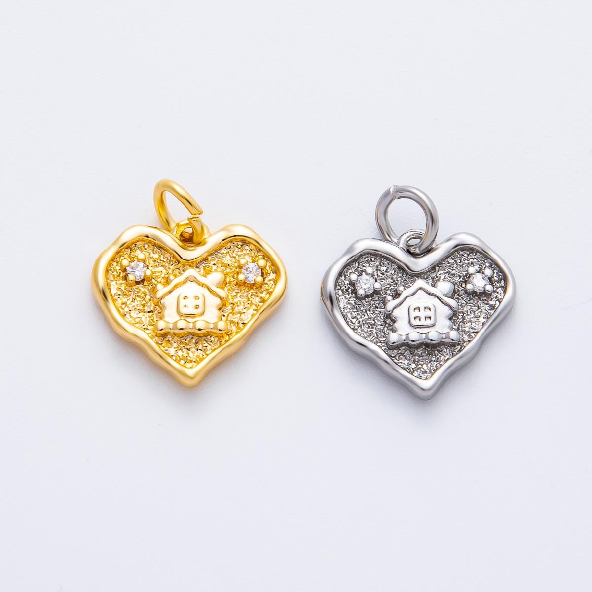18K Gold Filled 15mm CZ House Home Molten Heart Charm in Gold & Silver | AF1358