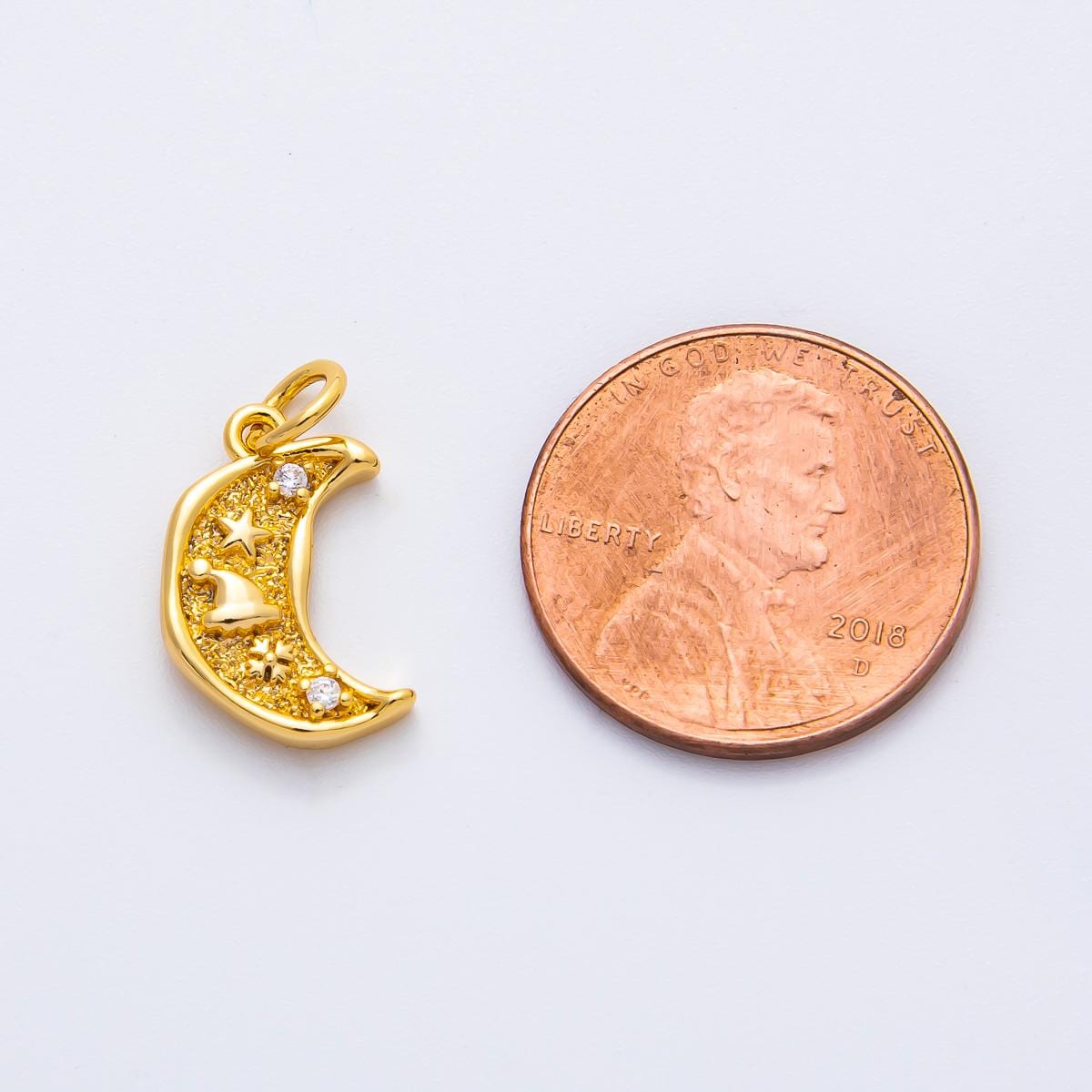 18K Gold Filled 18mm CZ Hat Star Celestial Crescent Moon Charm in Gold & Silver | AF1359