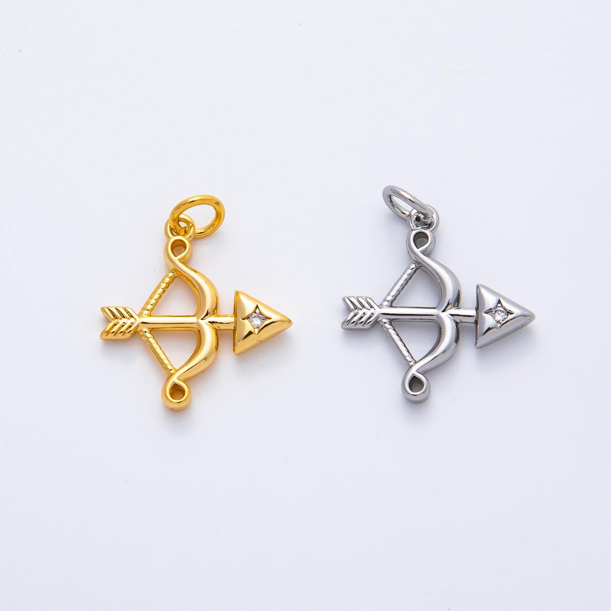 18K Gold Filled 22mm Round CZ Archery Bow Arrow Charm in Gold & Silver | AF1360
