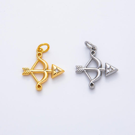 18K Gold Filled 22mm Round CZ Archery Bow Arrow Charm in Gold & Silver | AF1360