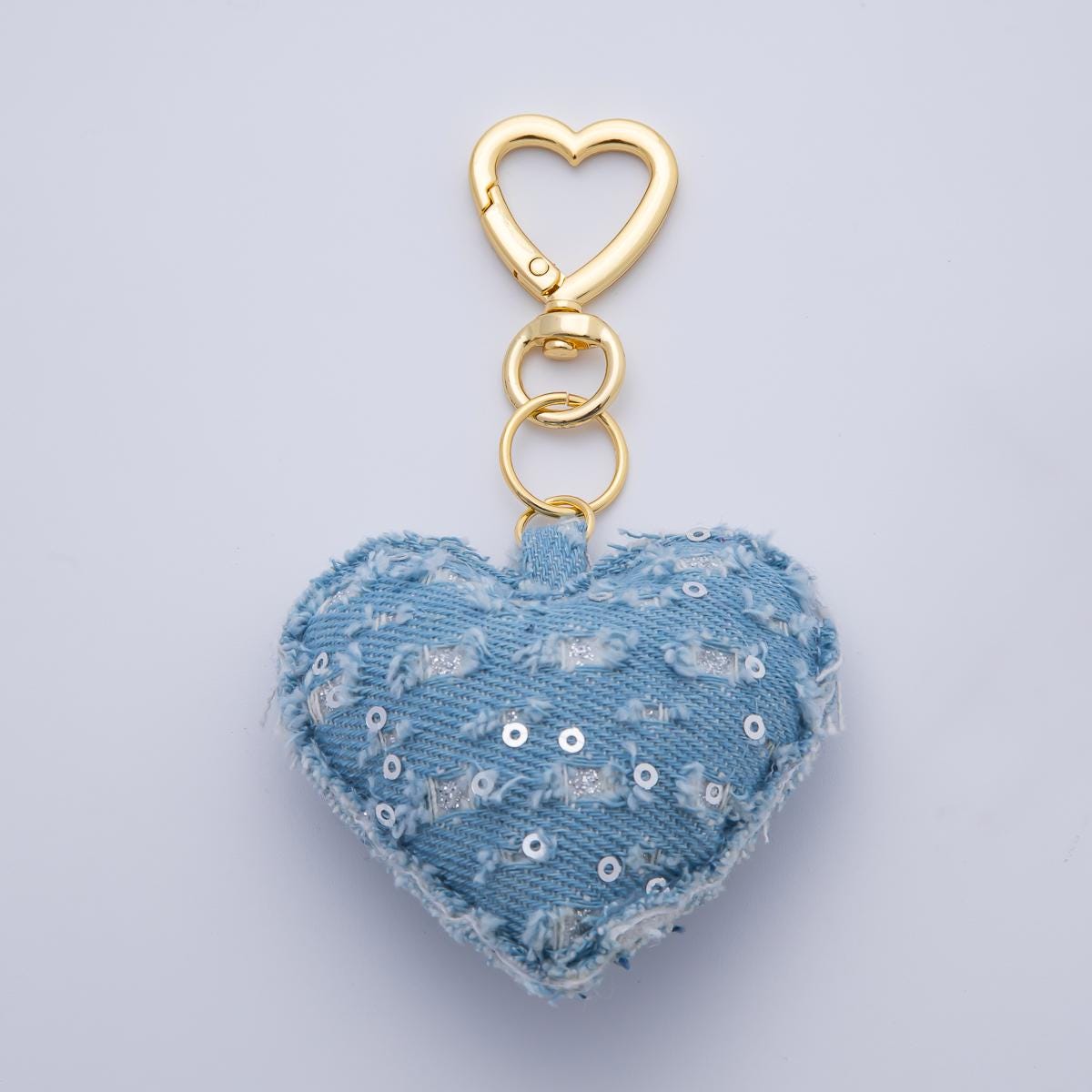18K Gold Filled Blue Denim Puffy Heart Push Gate King Ring Keychain Accessories | WB-00145 ~ WB-00147