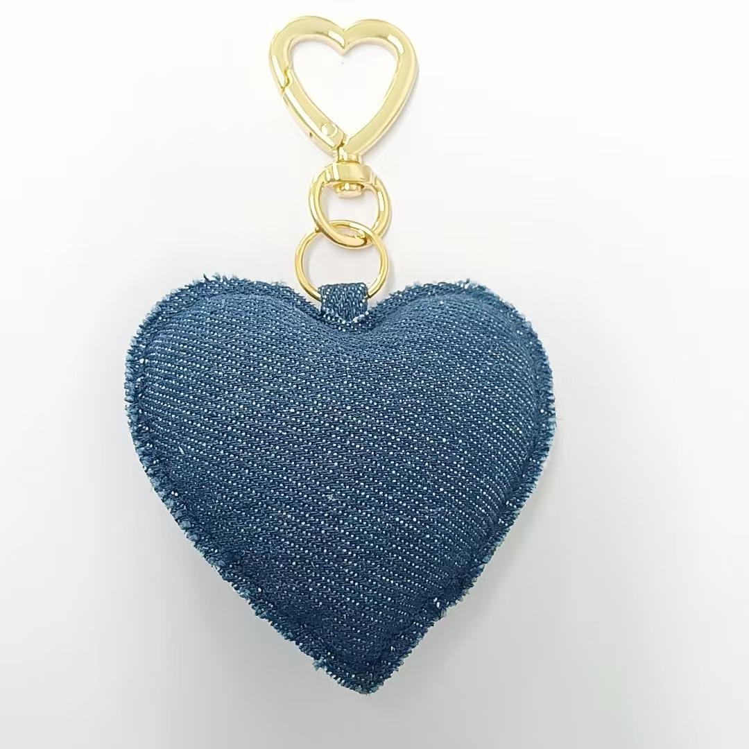 18K Gold Filled Blue Denim Puffy Heart Push Gate King Ring Keychain Accessories | WB-00145 ~ WB-00147