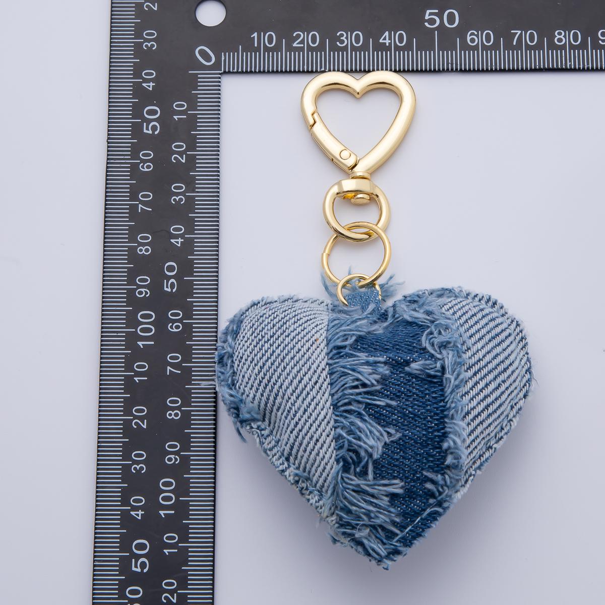 18K Gold Filled Blue Denim Puffy Heart Push Gate King Ring Keychain Accessories | WB-00145 ~ WB-00147