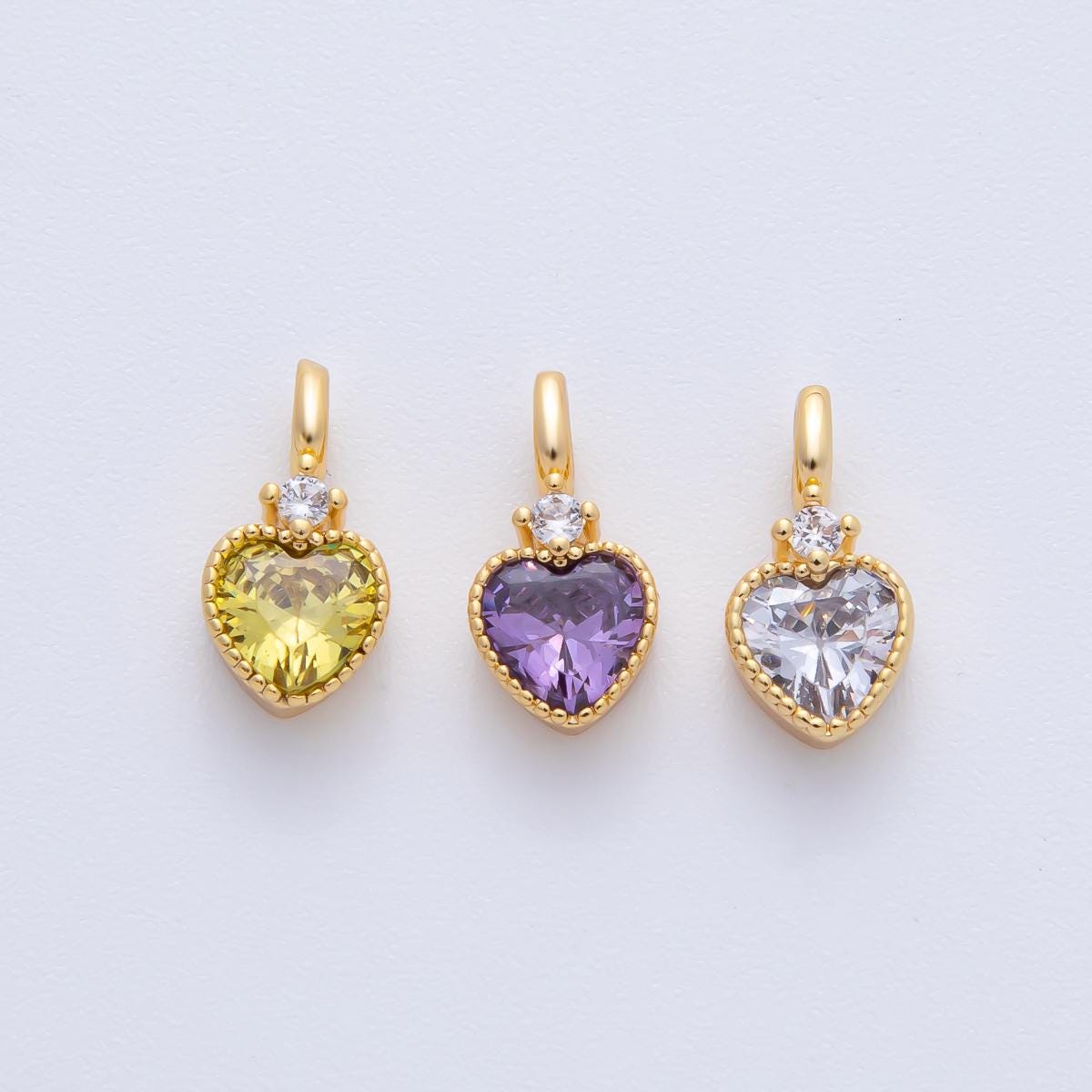 18K Gold Filled 13.5mm Clear, Purple, Yellow CZ Heart Bezel Dainty Pendant | AF1385 AF1386