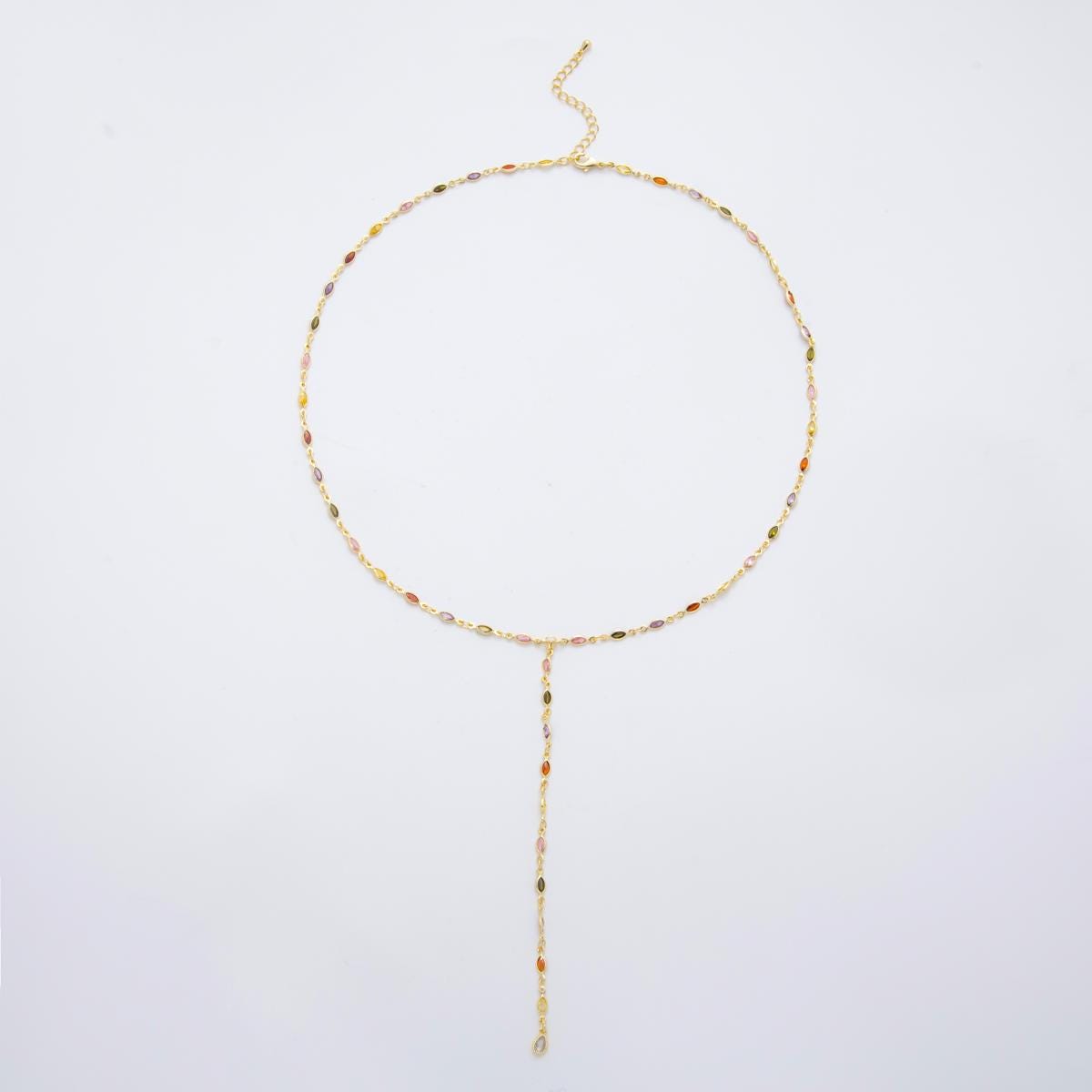 18K Gold Filled Lariat Necklace, Y Necklace, Clear, Multi Color CZ Necklace, Minimalist Jewelry Long Gold Necklace 19.5 inch WA-3794