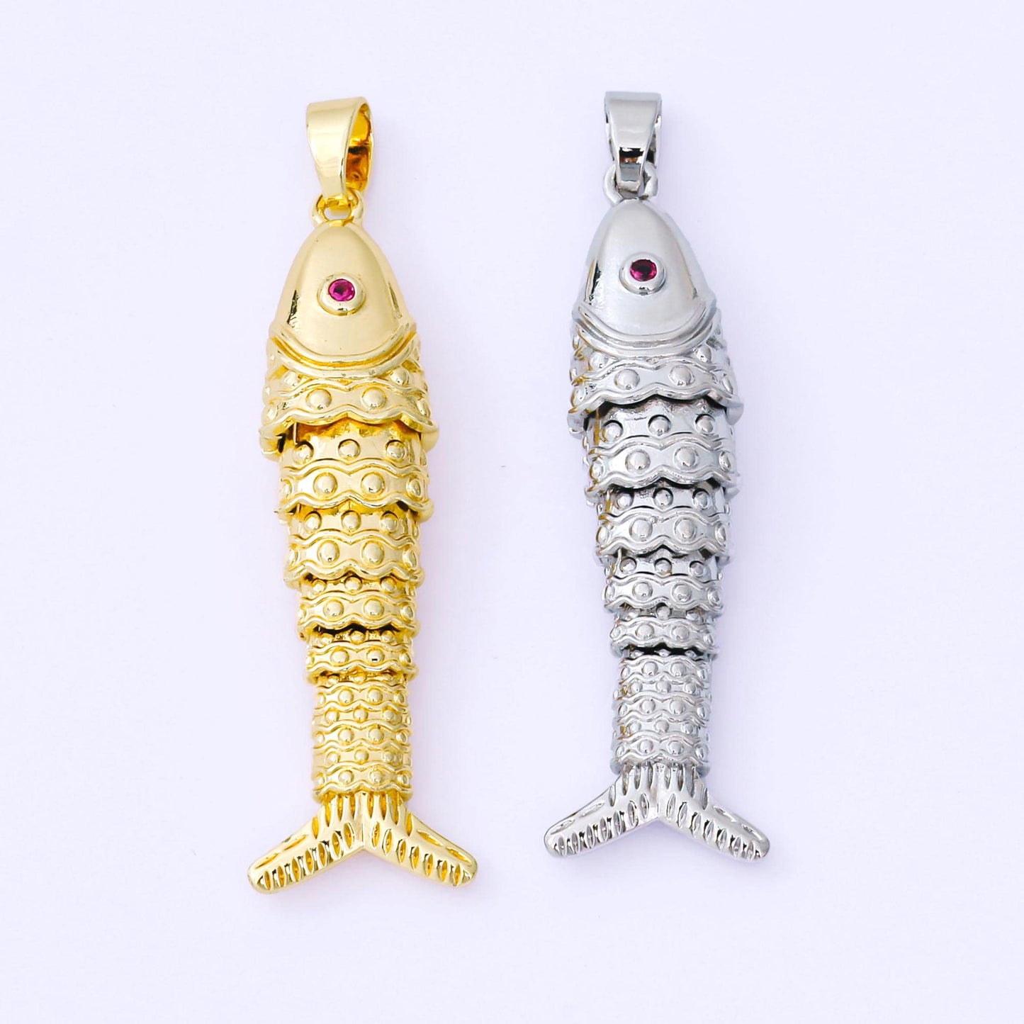 24K Gold Filled 43mm Fuchsia CZ Dotted Sardine Fish Multidimensional Charm in Gold & Silver | AA1620