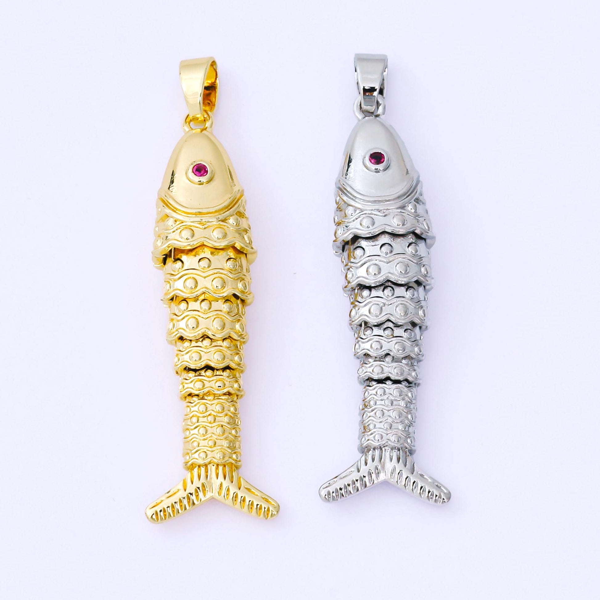 24K Gold Filled 43mm Fuchsia CZ Dotted Sardine Fish Multidimensional Charm in Gold & Silver | AA1620