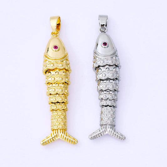 24K Gold Filled 43mm Fuchsia CZ Dotted Sardine Fish Multidimensional Charm in Gold & Silver | AA1620