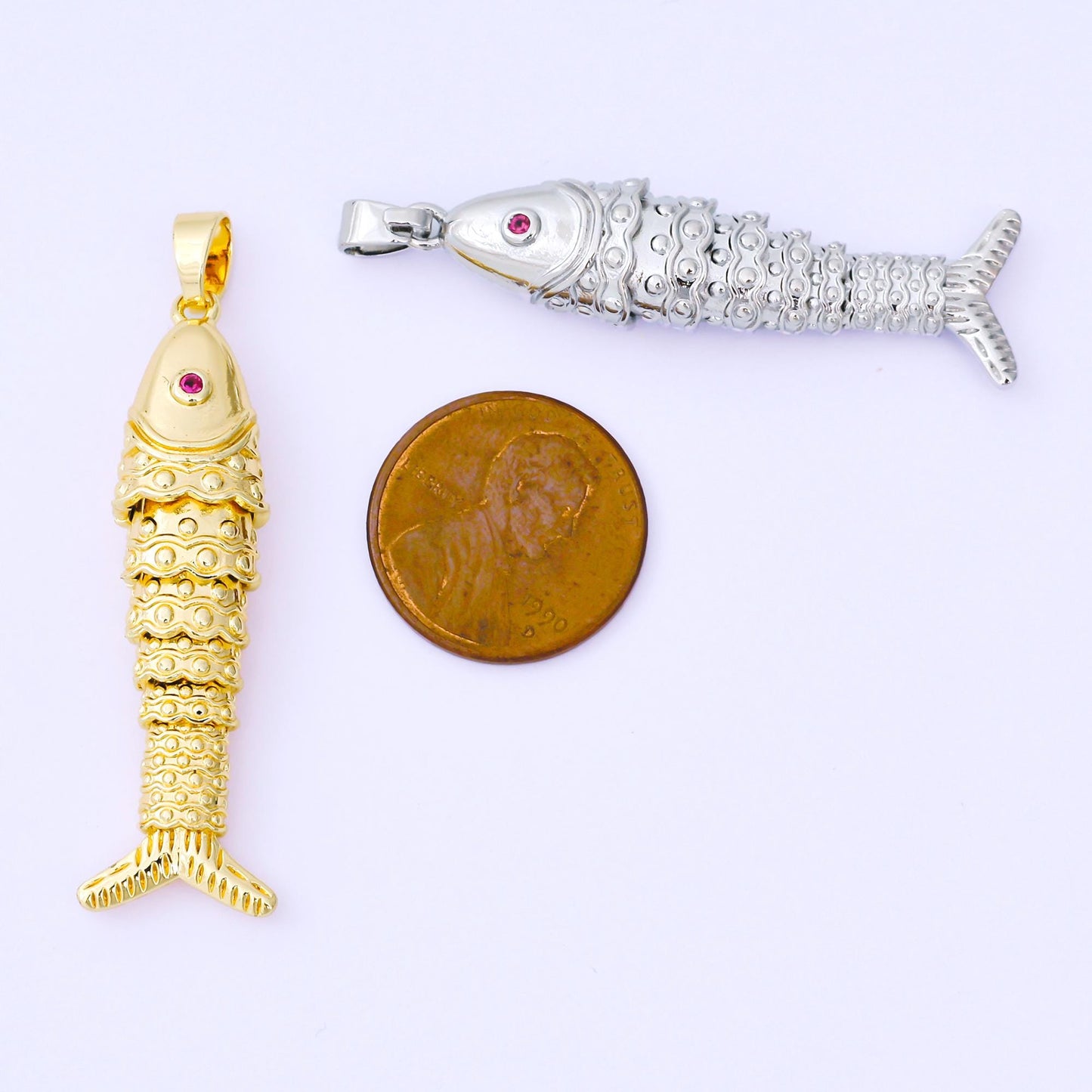 24K Gold Filled 43mm Fuchsia CZ Dotted Sardine Fish Multidimensional Charm in Gold & Silver | AA1620