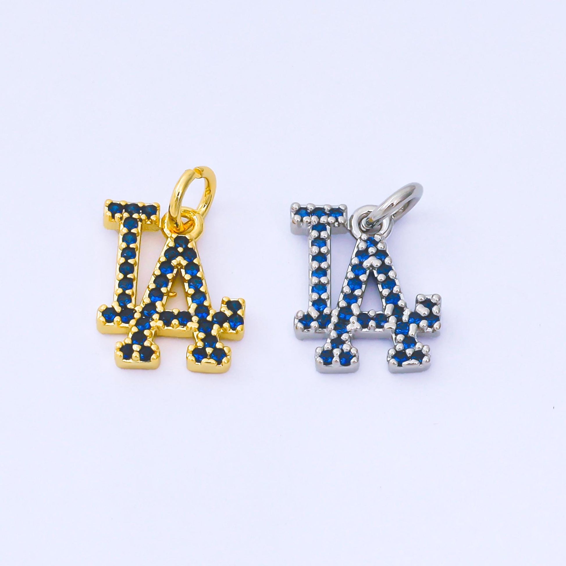 24K Gold Filled 13mm Royal Blue Micro Paved CZ Los Angeles Script "LA" Charm in Gold & Silver | AF1288