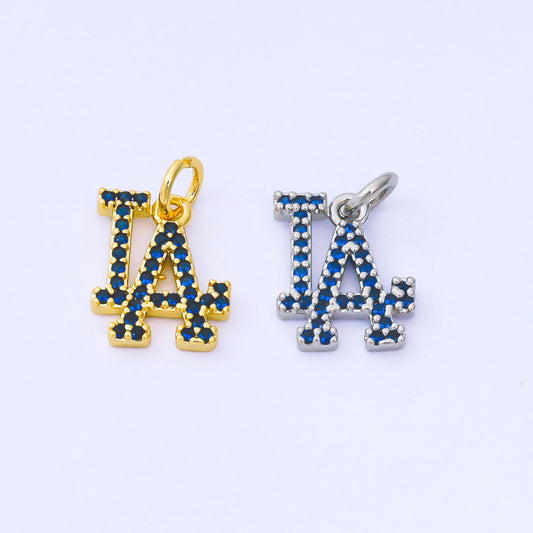 24K Gold Filled 13mm Royal Blue Micro Paved CZ Los Angeles Script "LA" Charm in Gold & Silver | AF1288