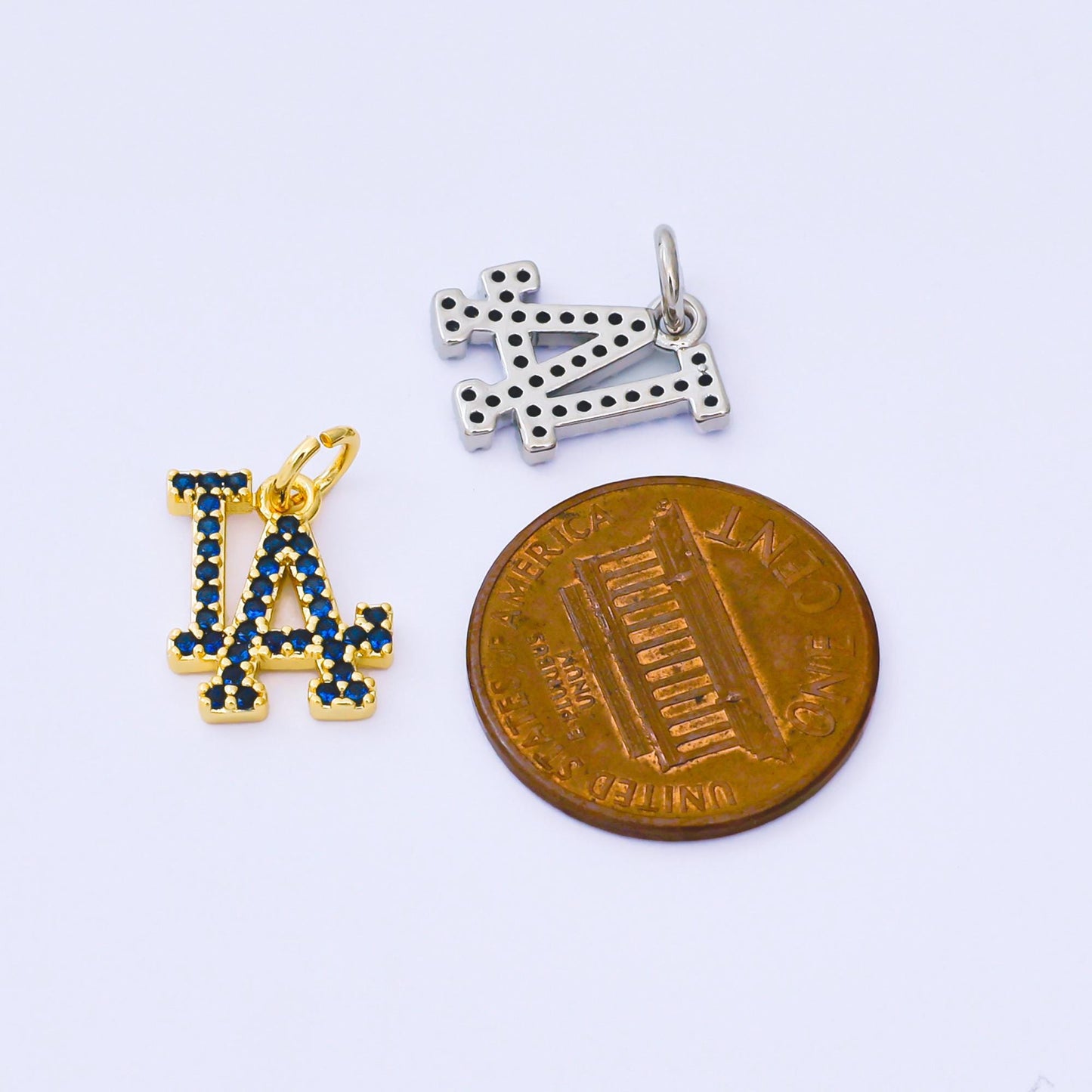 24K Gold Filled 13mm Royal Blue Micro Paved CZ Los Angeles Script "LA" Charm in Gold & Silver | AF1288