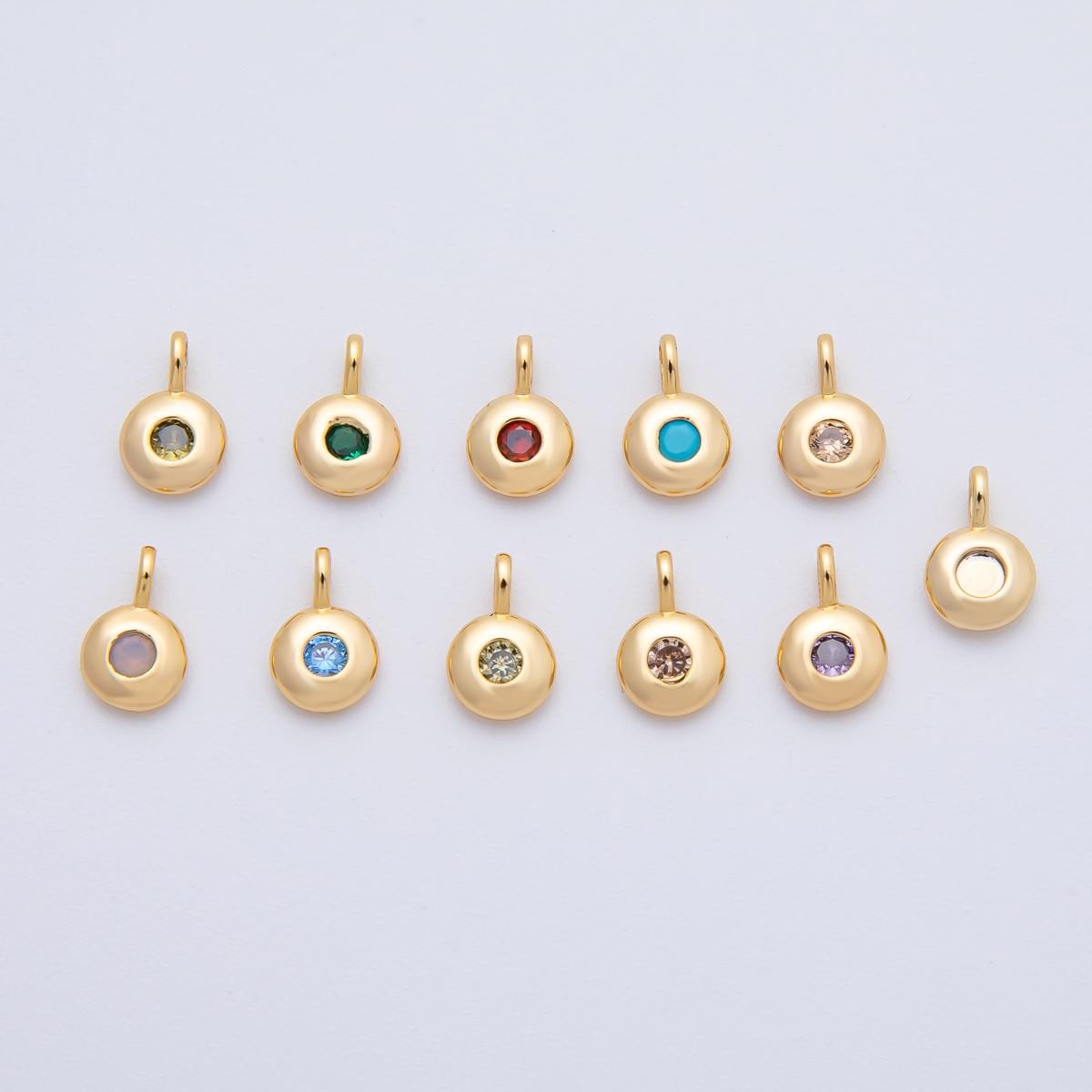 18K Gold Filled 8.5mm Brown, Red, Green CZ Round Accent Dainty Flush Setting Disc Drop Charm | AF1153 ~ AF1158