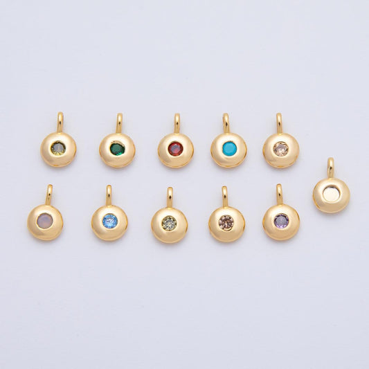 18K Gold Filled 8.5mm Brown, Red, Green CZ Round Accent Dainty Flush Setting Disc Drop Charm | AF1153 ~ AF1158