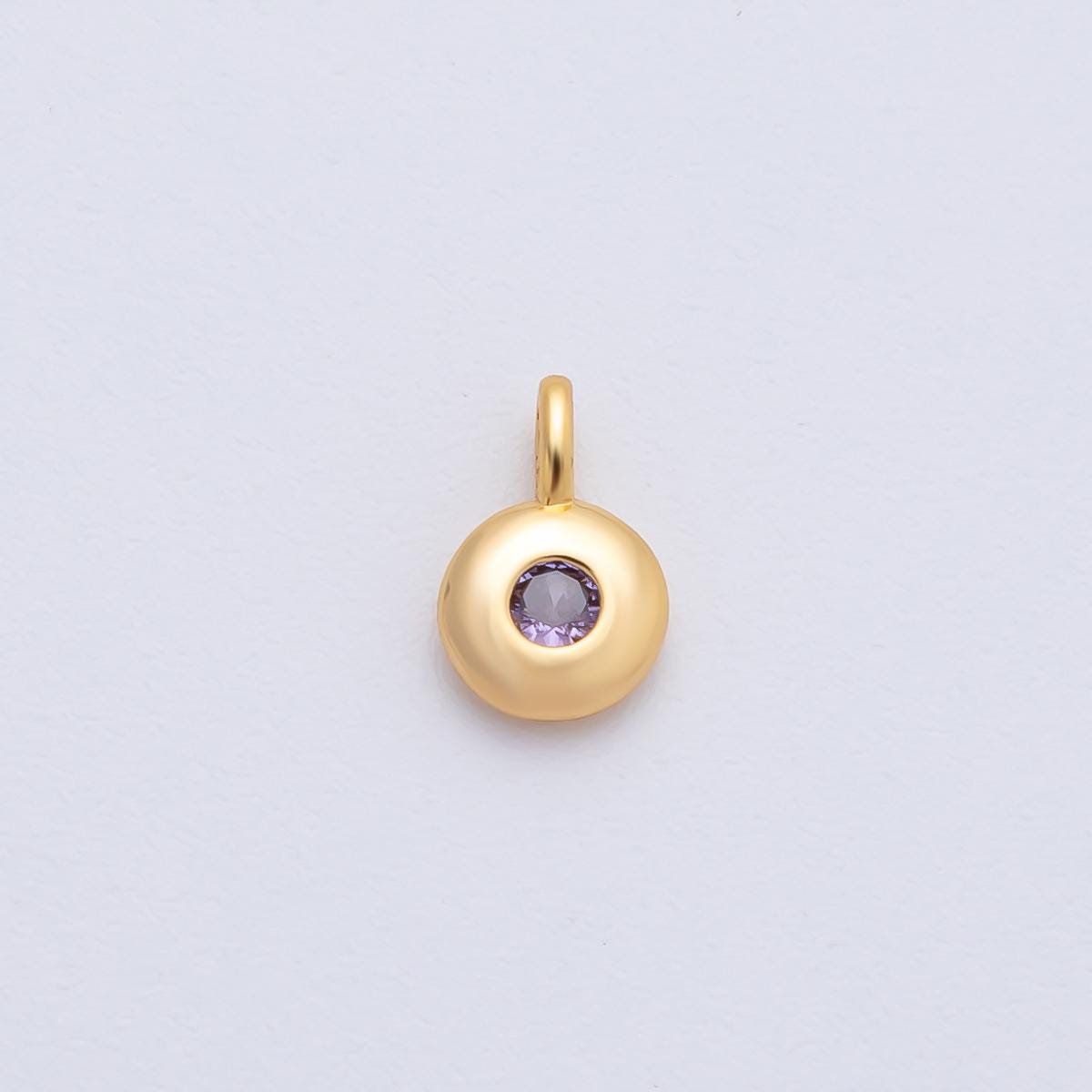 18K Gold Filled 8.5mm Brown, Red, Green CZ Round Accent Dainty Flush Setting Disc Drop Charm | AF1153 ~ AF1158