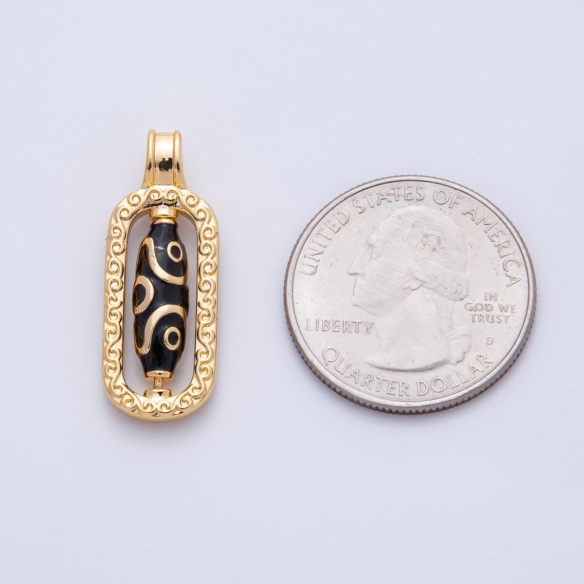 18K Gold Filled 29mm Black Hand-painted Enamel Tibetan Dzi Bead Drop Pendant | AF1145