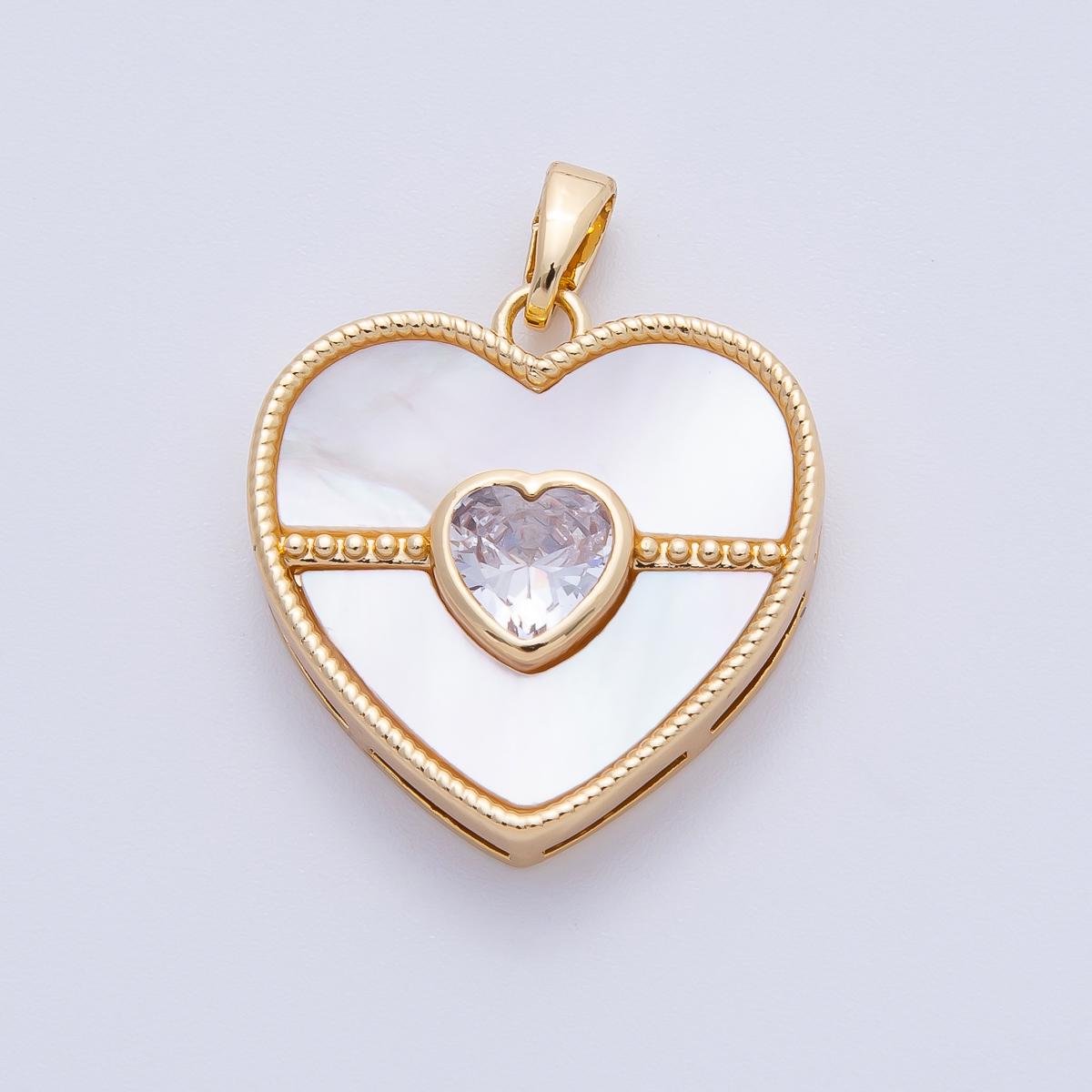 18K Gold Filled 26mm Clear CZ Shell Pearl Bezel Heart Pendant | AF1146