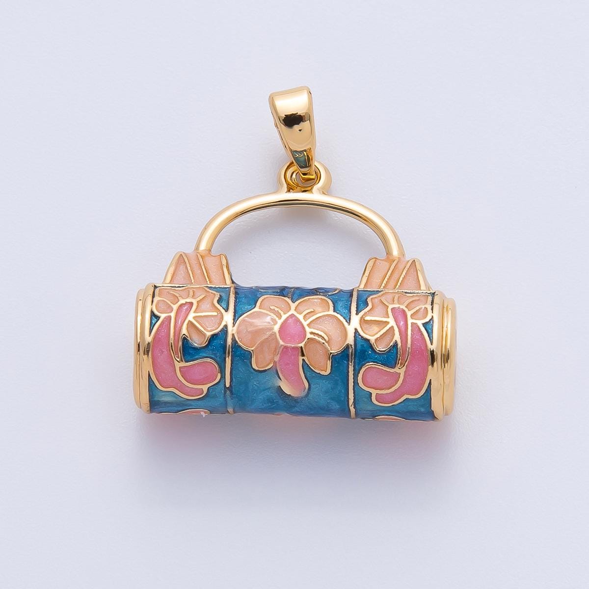 18K Gold Filled 23mm Multicolor Enamel Duffle Picnic Bag Pendant | AF1147