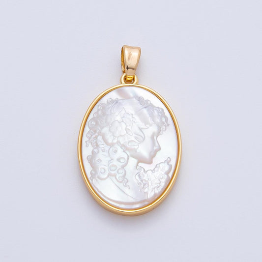 18K Gold Filled 28mm Women Girl Princess Portraits Silhouette Bezel Oval Pendant | AF1149