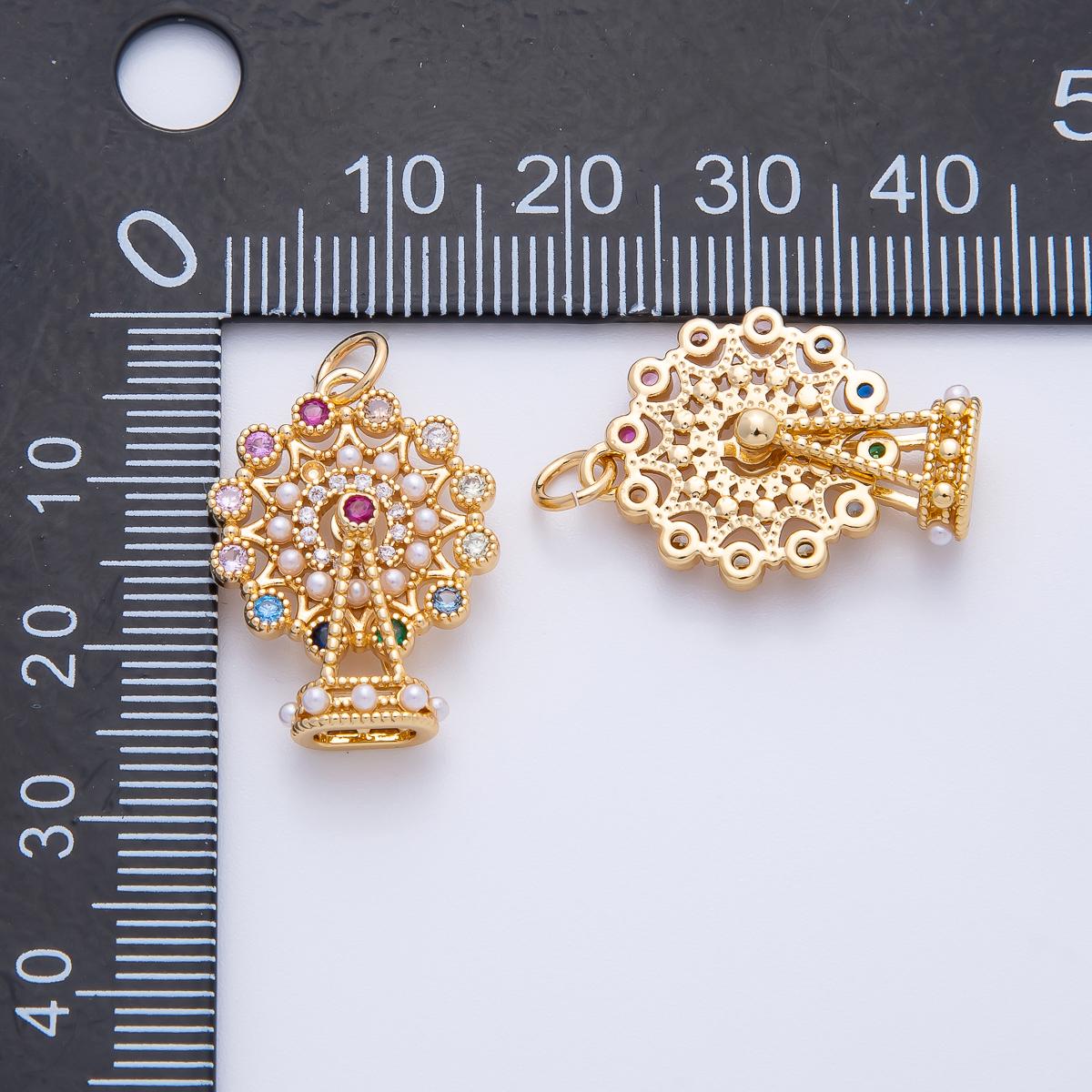 18K Gold Filled 25.5mm Multicolor CZ Shell Pearl Theme Park Ferris Wheel Pendant | AF-1397
