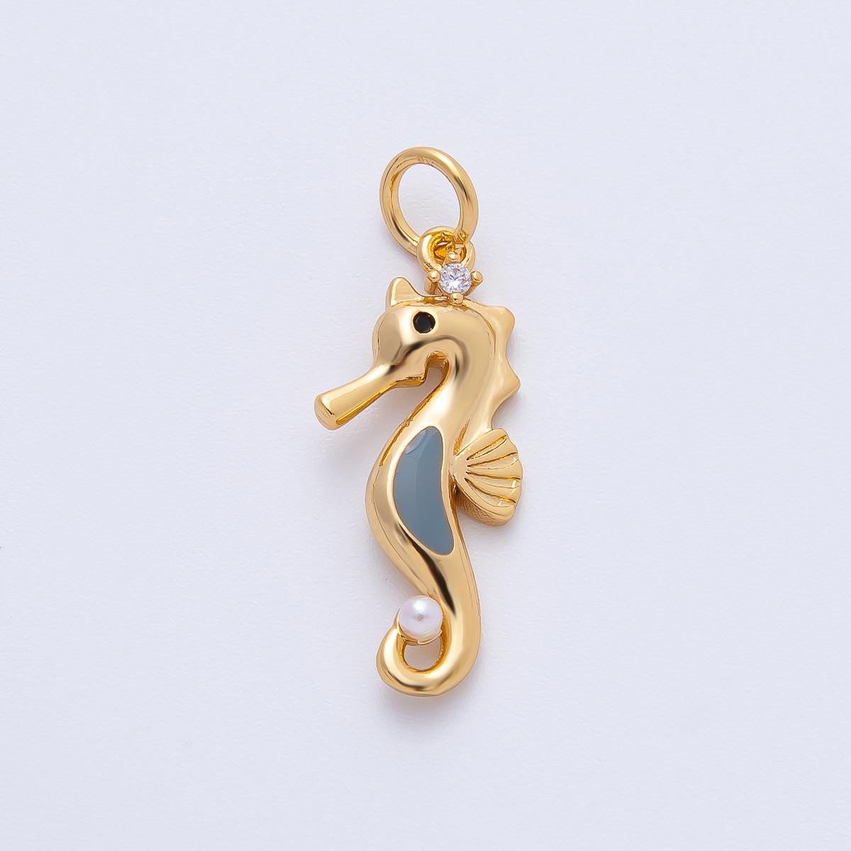 18K Gold Filled 26mm Shell Pearl CZ Grey Seahorse Animals Charm | AF1398