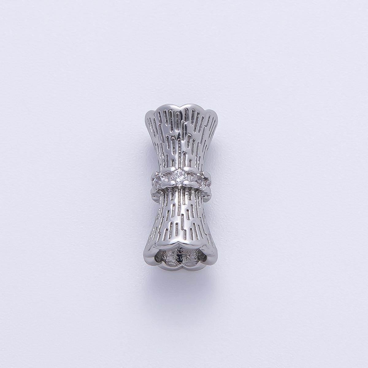 18K Gold Filled 14mm Micro Paved CZ Line-Textured Tube Bead in Gold & Silver | B035