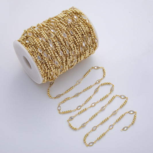 Gold Cubic Zirconia Beaded Chain by the Yard Marquise CZ Bezel Chain 24k Gold Filled Rosary Chain for Jewelry Making | ROLL-1775