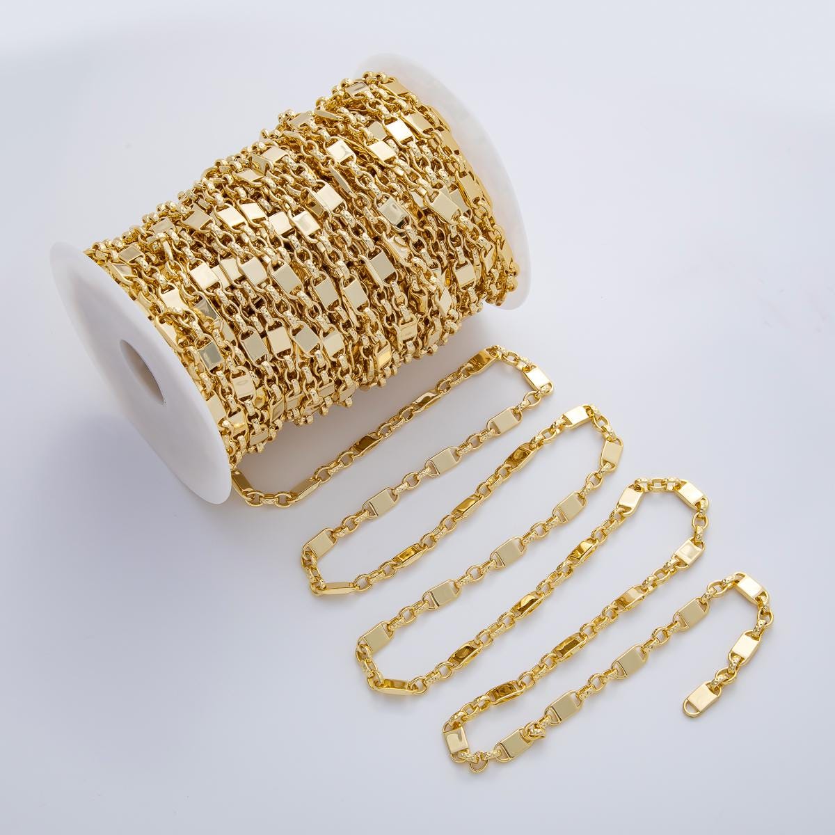 Gold Rectangle Link Chain by the Yard | 24k Gold Filled Flat Bar Chain | Modern Geometric Chain for Necklace Bracelet Making ROLL-1773