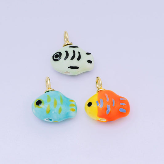 24K Gold Filled 20mm Ceramic Art Under The Sea Fish Animal Charm in Teal, Green & Yellow | AF-1261