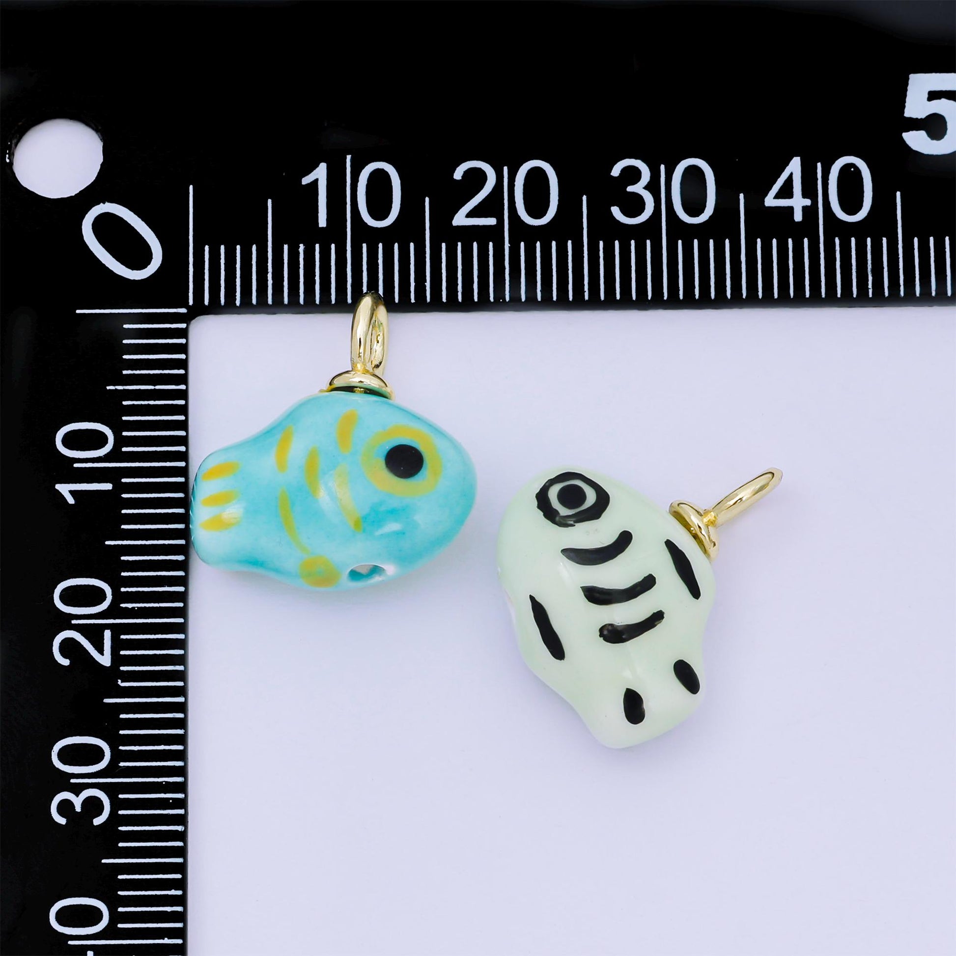24K Gold Filled 20mm Ceramic Art Under The Sea Fish Animal Charm in Teal, Green & Yellow | AF-1261