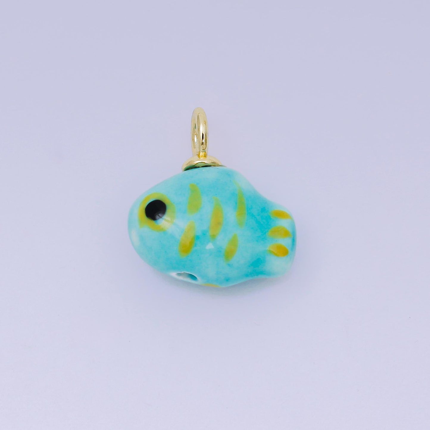 24K Gold Filled 20mm Ceramic Art Under The Sea Fish Animal Charm in Teal, Green & Yellow | AF-1261