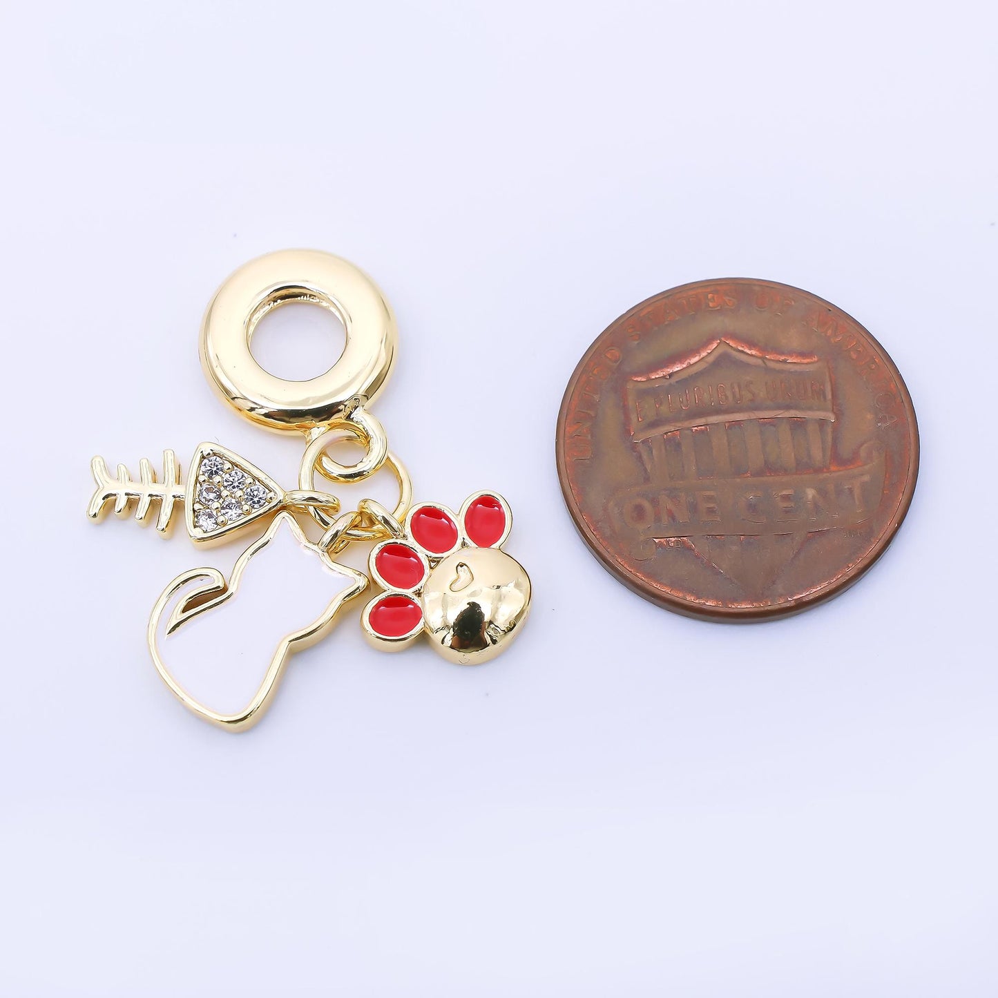 24K Gold Filled Pet Cat Kitten Paw Fish Bone Micro Paved Enamel Rondelle Drop Pendant | AF1308