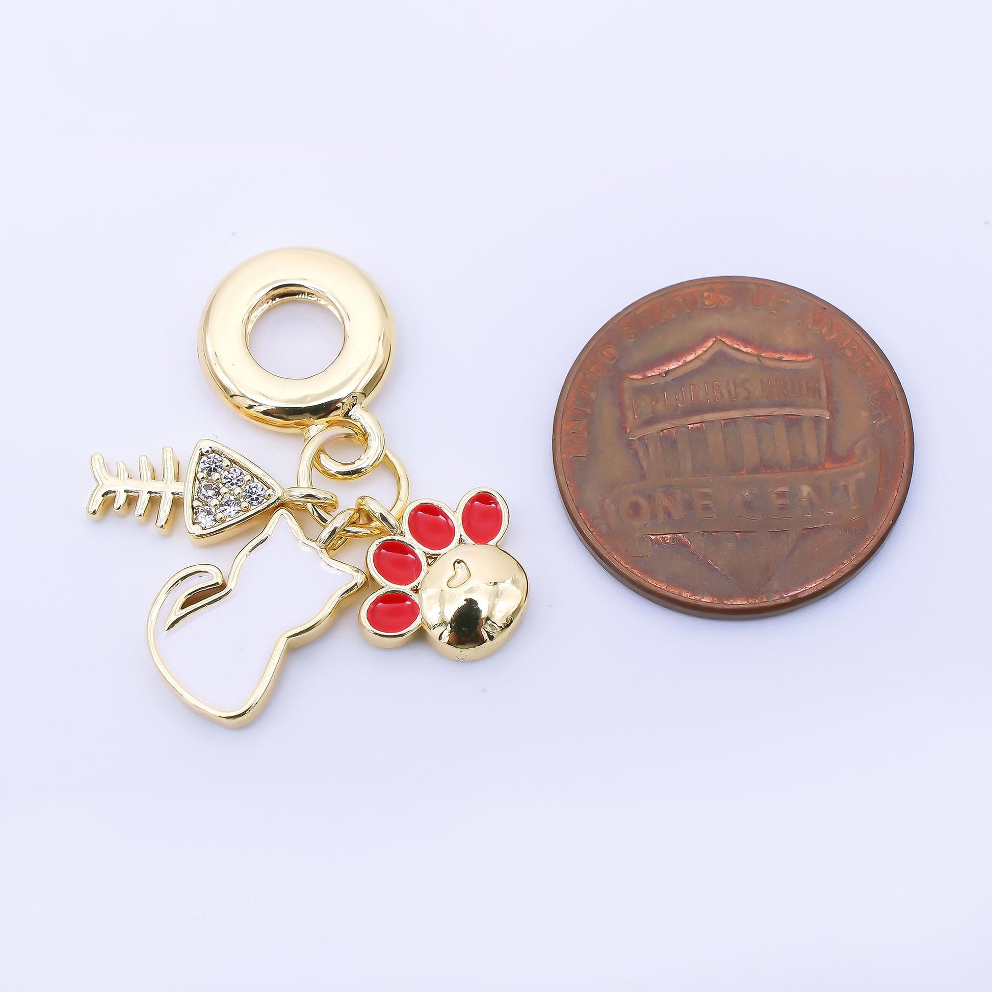 24K Gold Filled Pet Cat Kitten Paw Fish Bone Micro Paved Enamel Rondelle Drop Pendant | AF1308