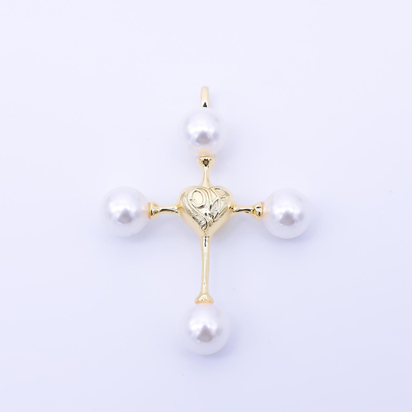 24K Gold Filled 44mm Shell Pearl Heart Religious Cross Pendant | AF570