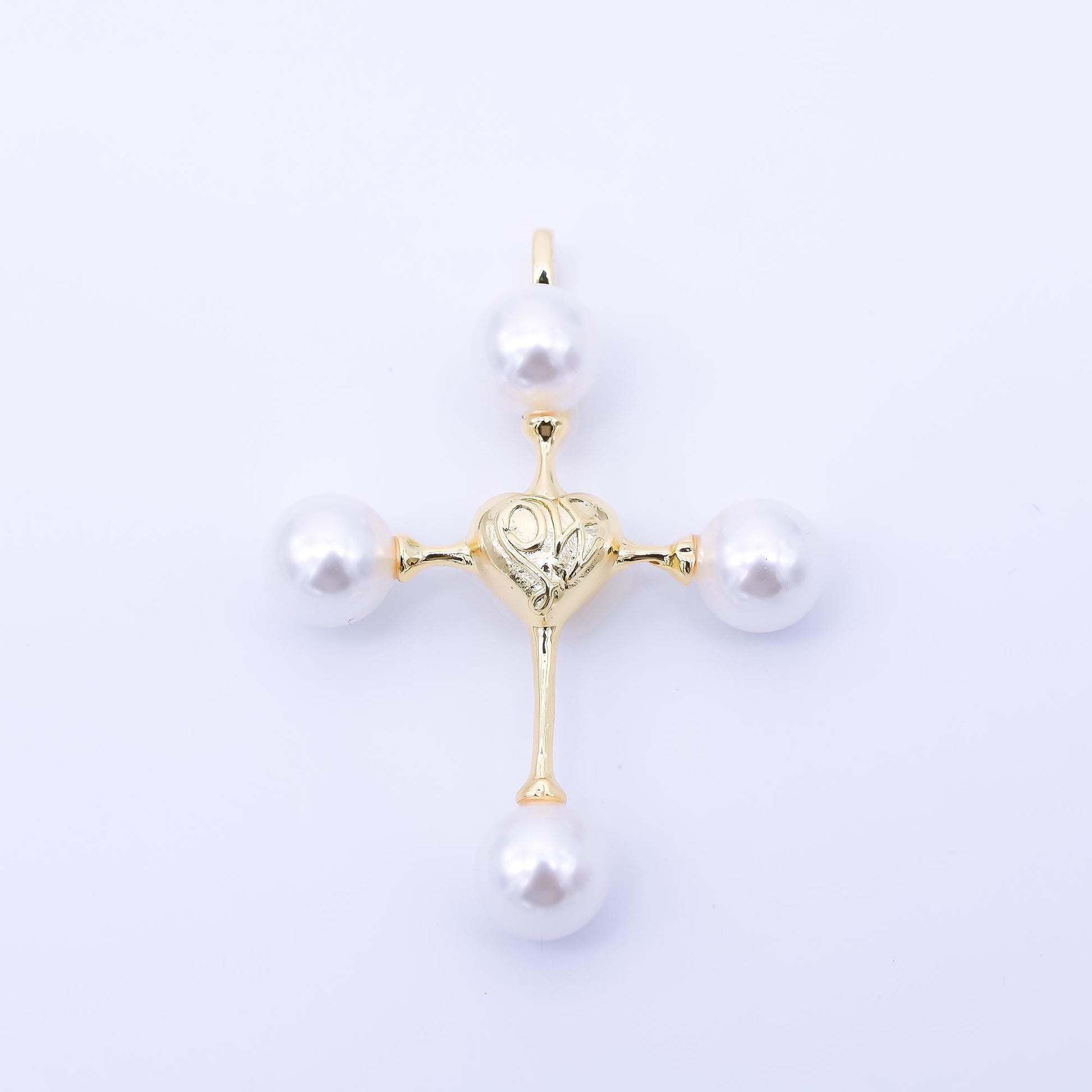 24K Gold Filled 44mm Shell Pearl Heart Religious Cross Pendant | AF570