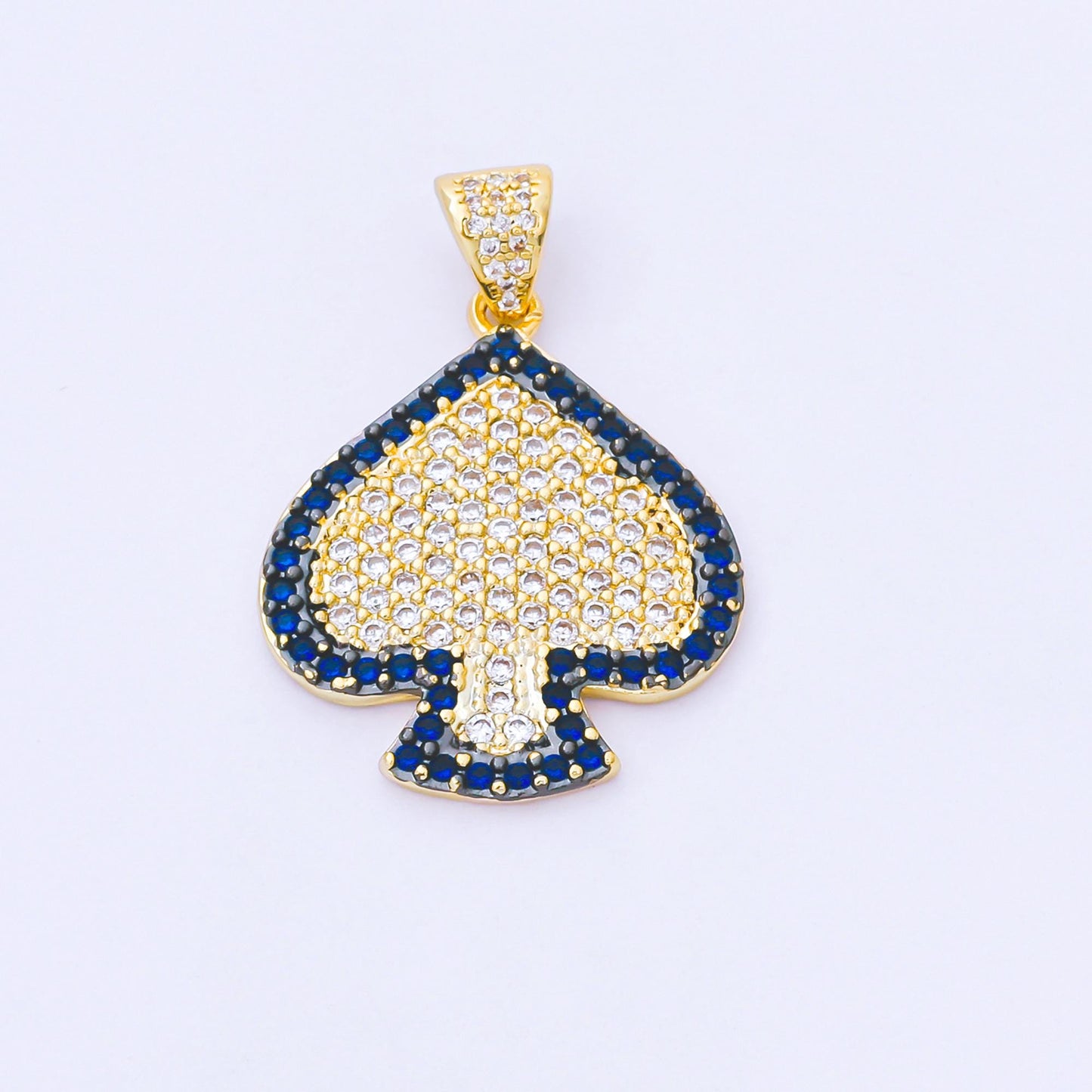 24K Gold Filled Clear Blue Micro Paved CZ Card Spade Pendant | AA1619