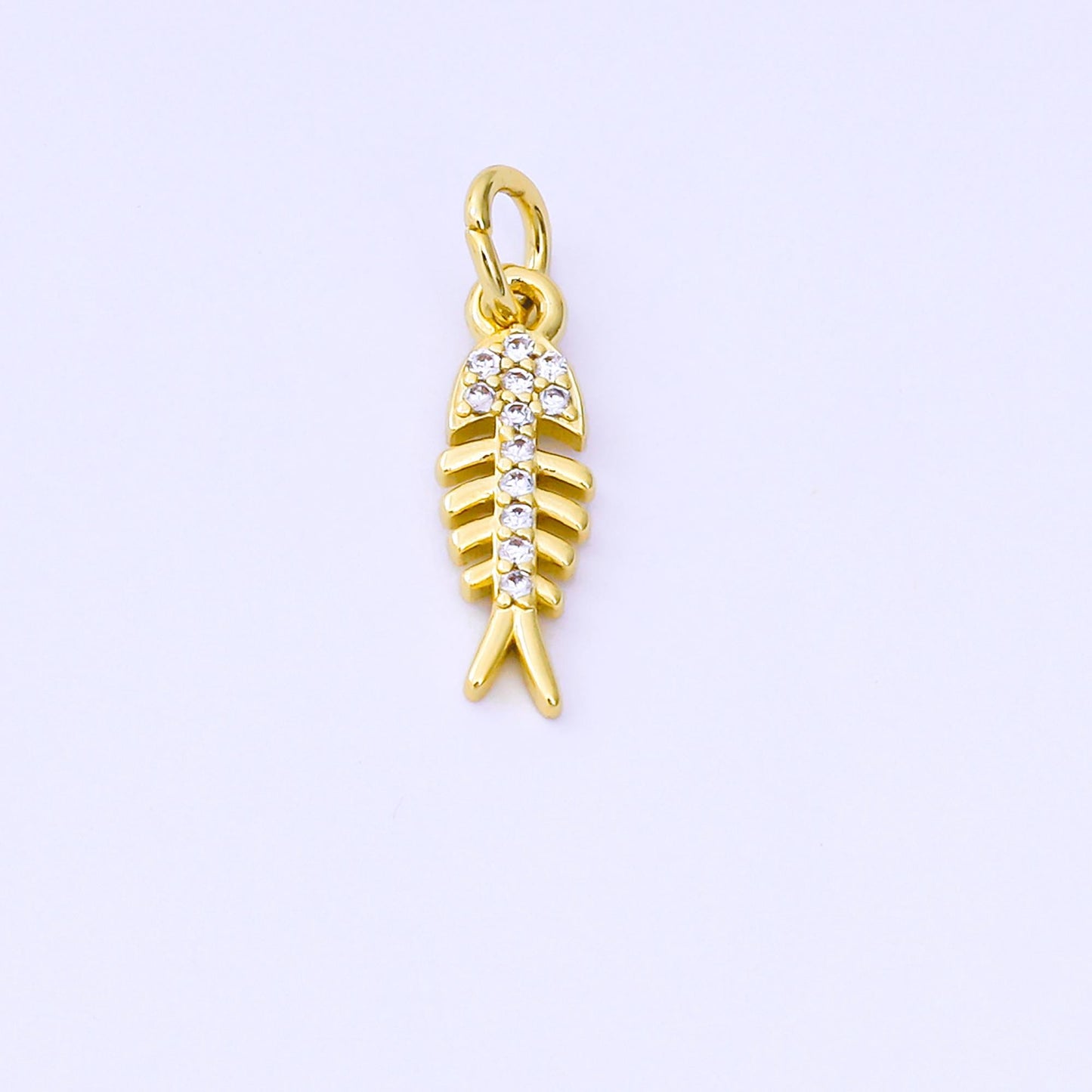 24K Gold Filled 15.3mm Round CZ Fishbone Minimalist Charm | aj-494