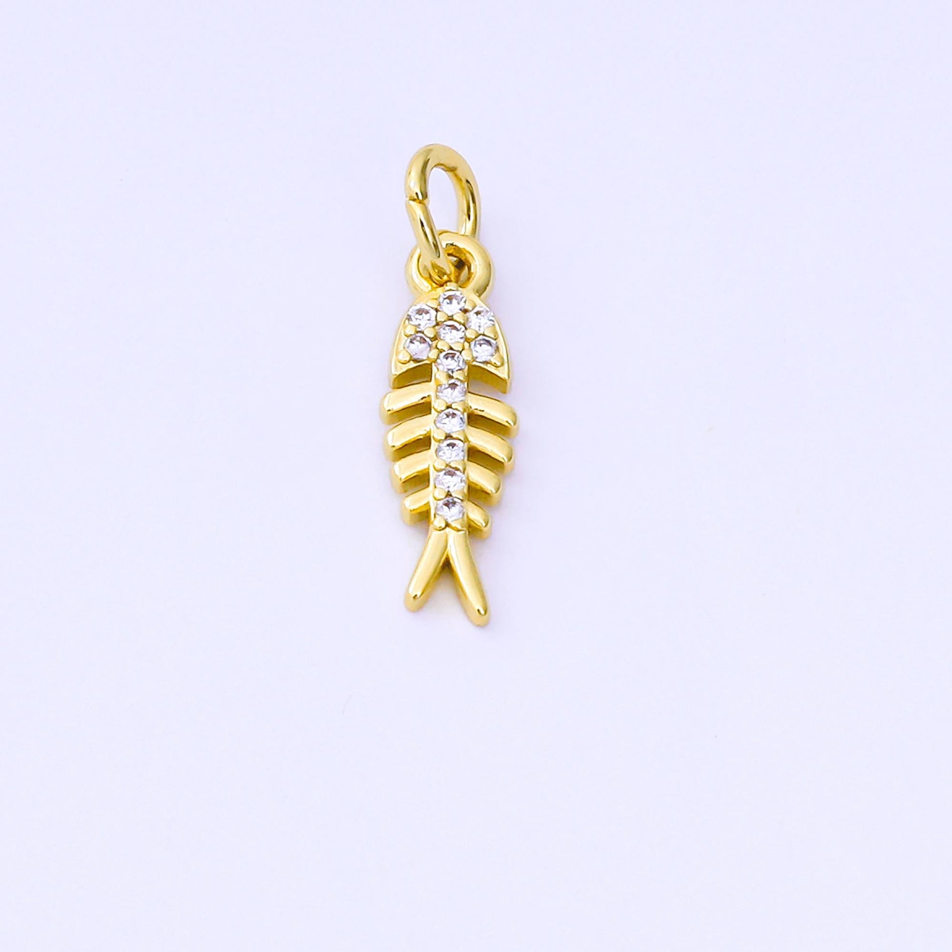 24K Gold Filled 15.3mm Round CZ Fishbone Minimalist Charm | aj-494