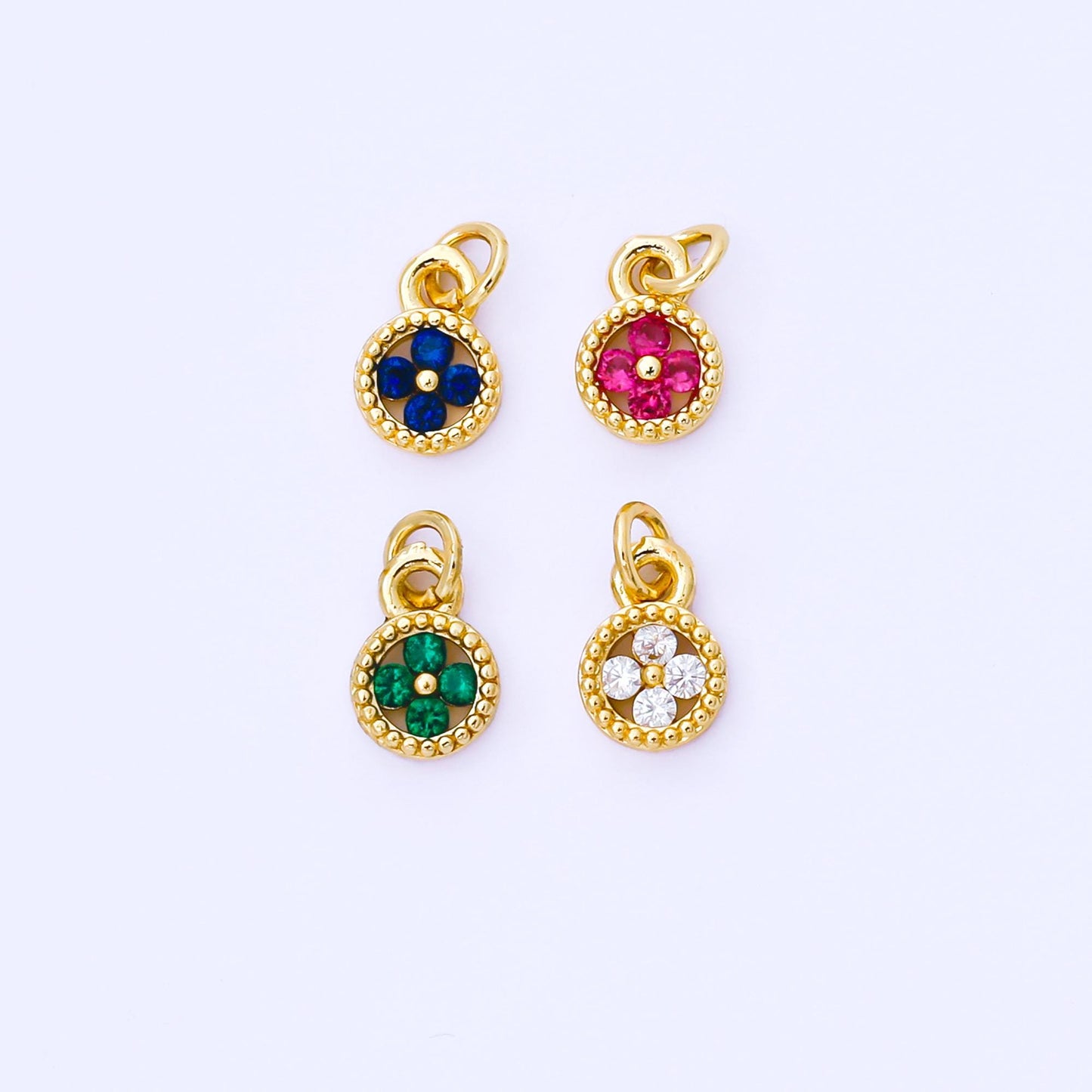 Mini Gold Tiny Clover Charm, CZ Micro Pave Clover Charm, Zirconia Charms, Green Blue Clover Round Charm AF-1500
