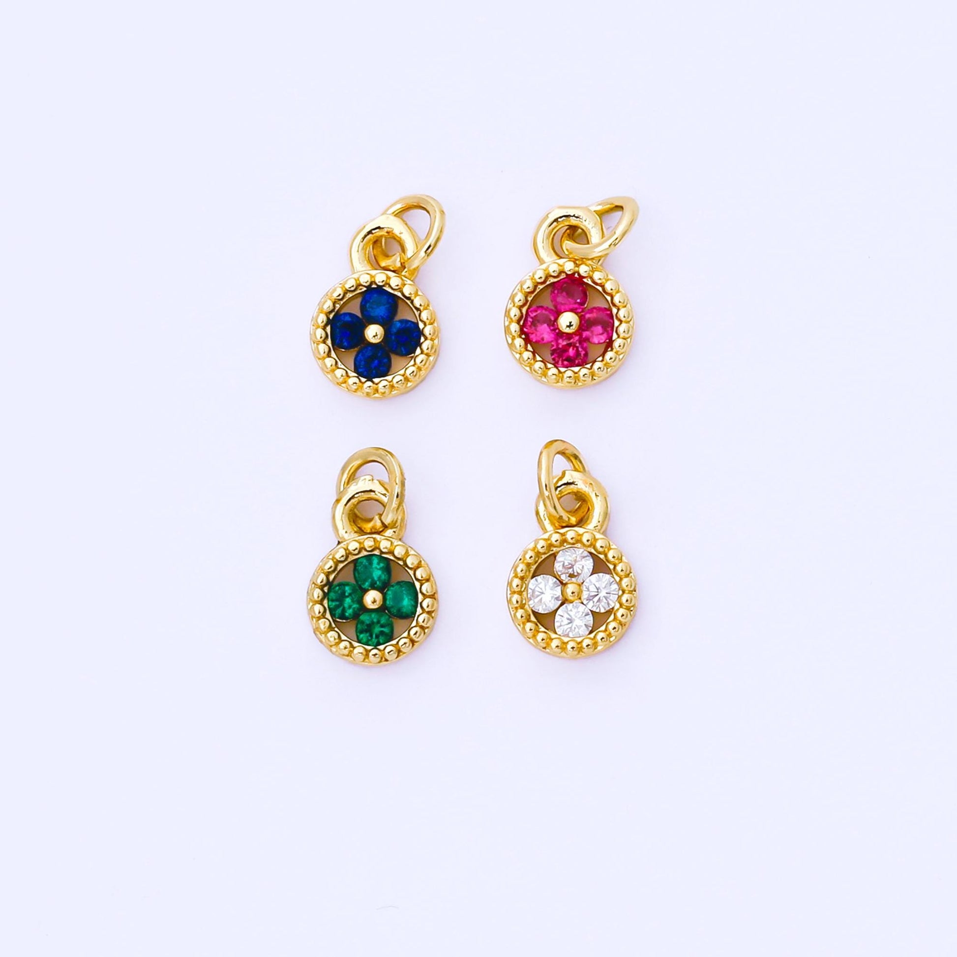 Mini Gold Tiny Clover Charm, CZ Micro Pave Clover Charm, Zirconia Charms, Green Blue Clover Round Charm AF-1500