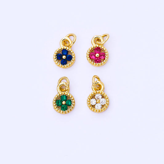 Mini Gold Tiny Clover Charm, CZ Micro Pave Clover Charm, Zirconia Charms, Green Blue Clover Round Charm AF-1500