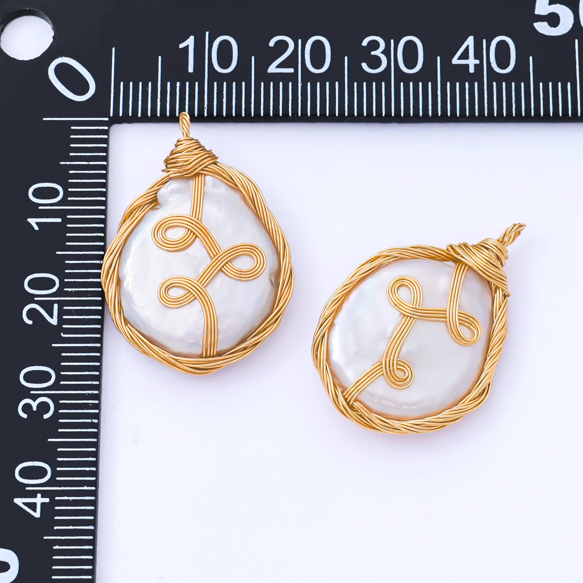 Gold Plated 26mm White Round Baroque Freshwater Pearl Multiple Wire Wrapped Charm | AF-580
