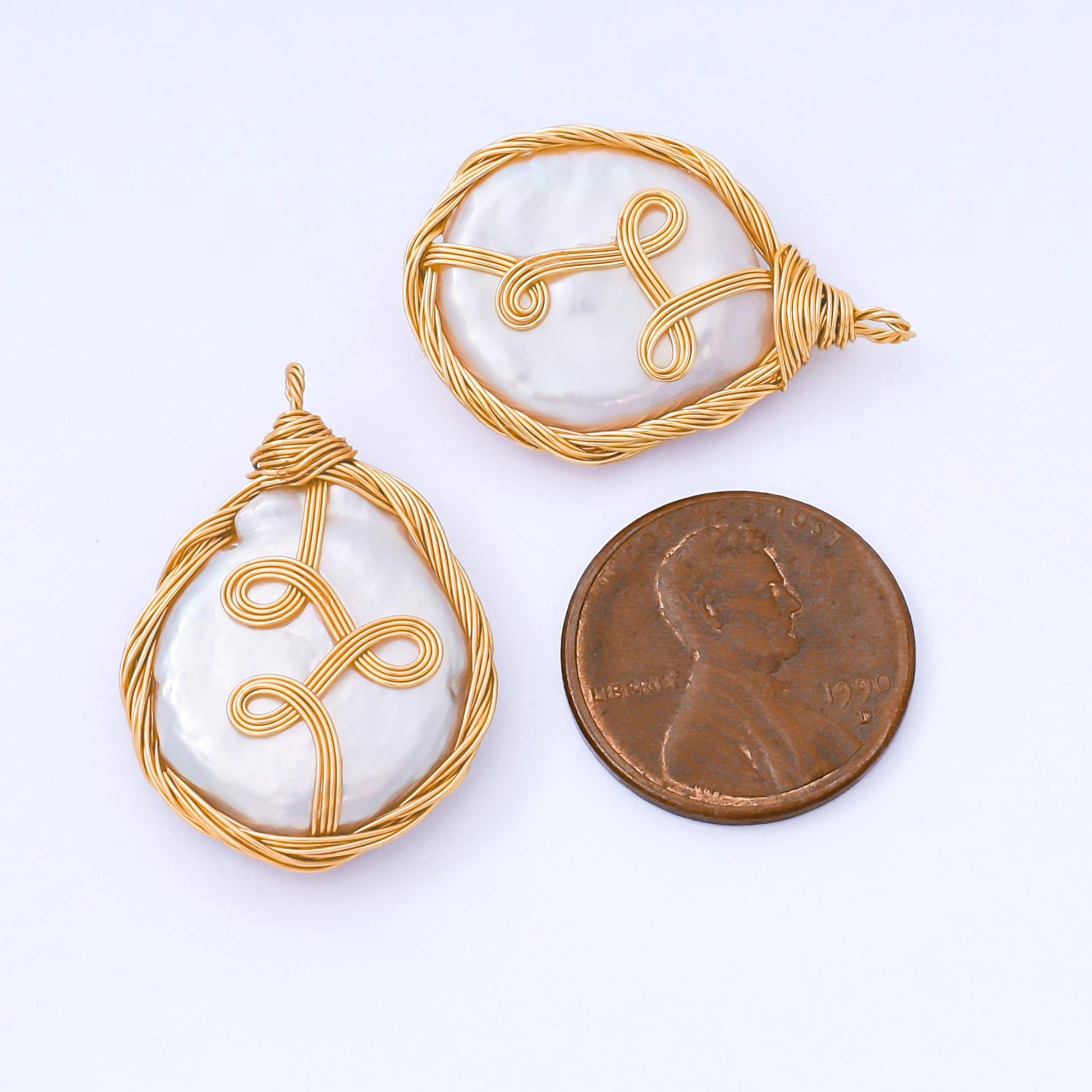 Gold Plated 26mm White Round Baroque Freshwater Pearl Multiple Wire Wrapped Charm | AF-580