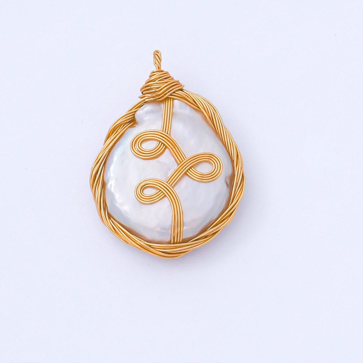 Gold Plated 26mm White Round Baroque Freshwater Pearl Multiple Wire Wrapped Charm | AF-580