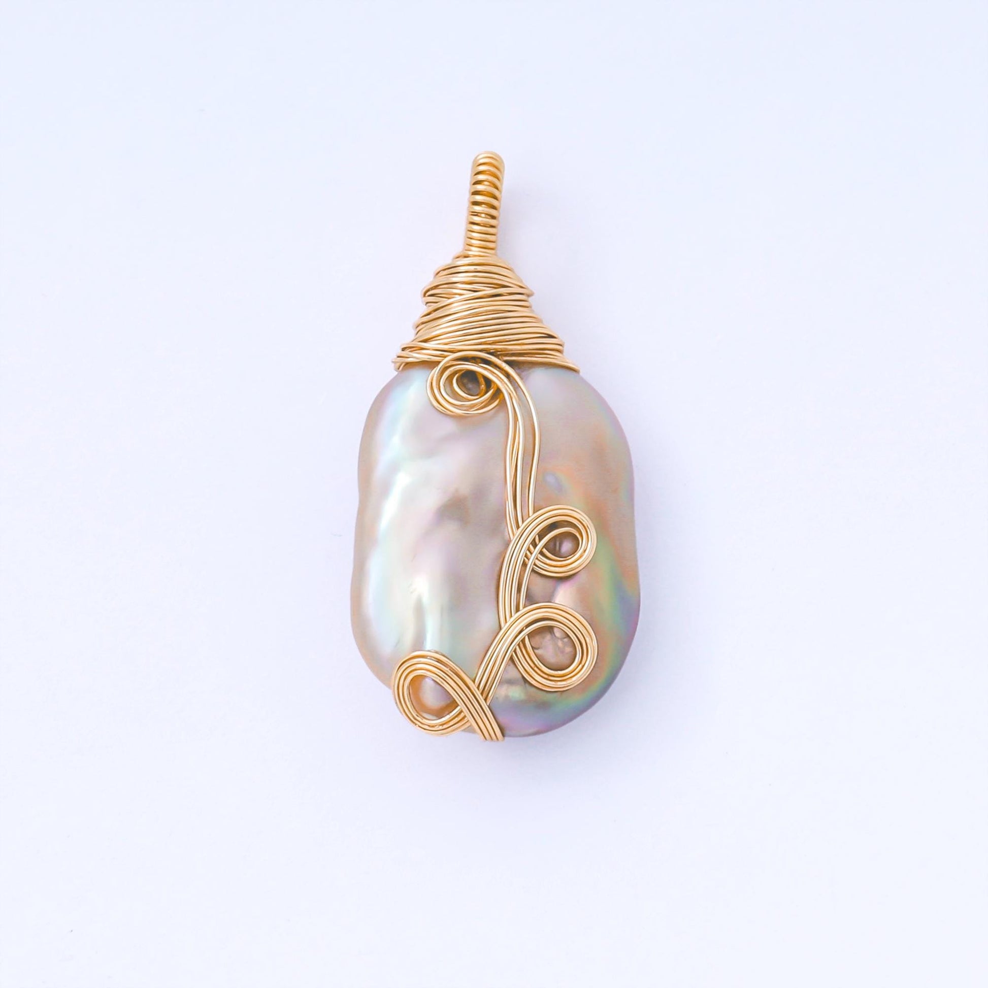 Gold Plated 33mm White Oval Baroque Freshwater Pearl Multiple Wire Wrapped Charm | AF-578