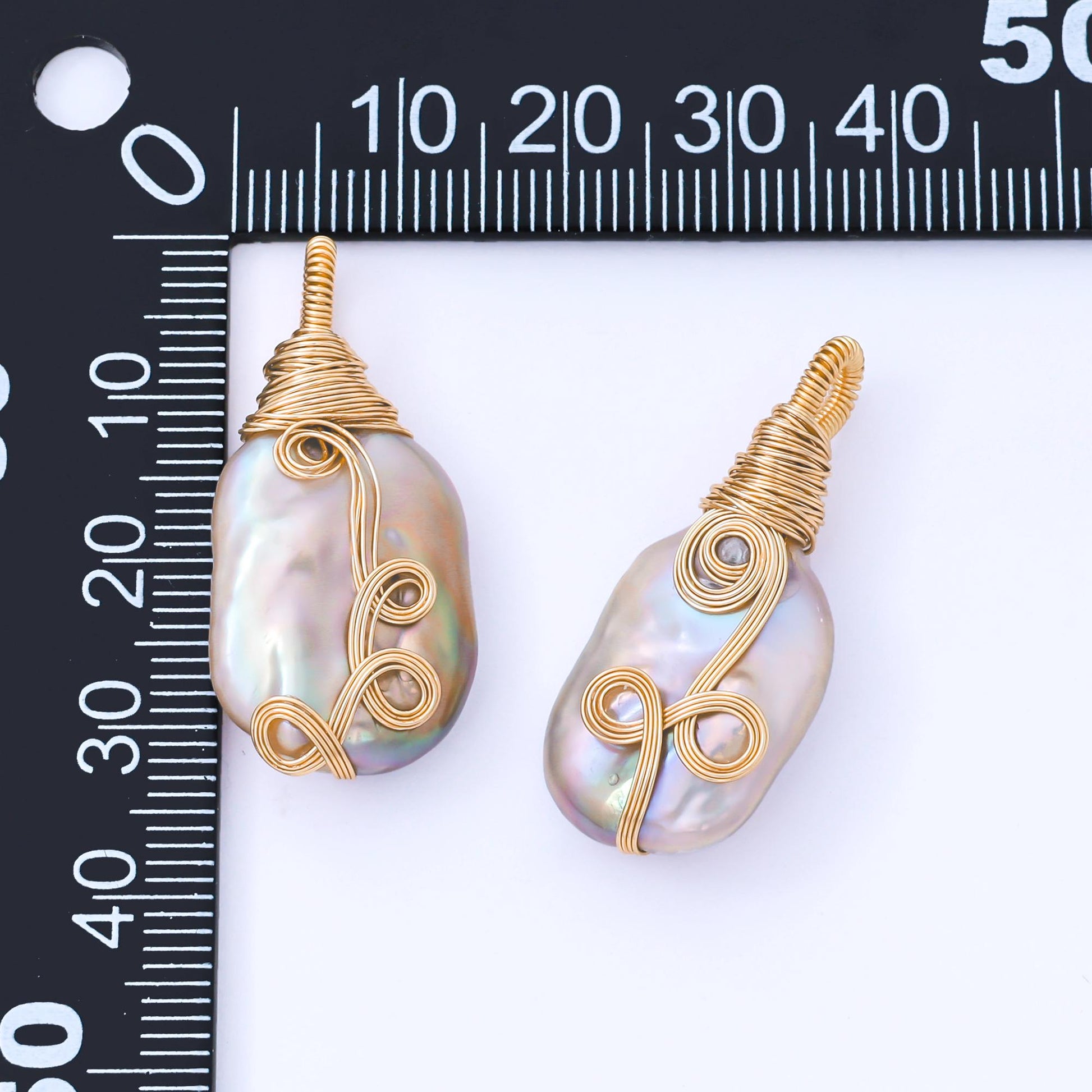 Gold Plated 33mm White Oval Baroque Freshwater Pearl Multiple Wire Wrapped Charm | AF-578