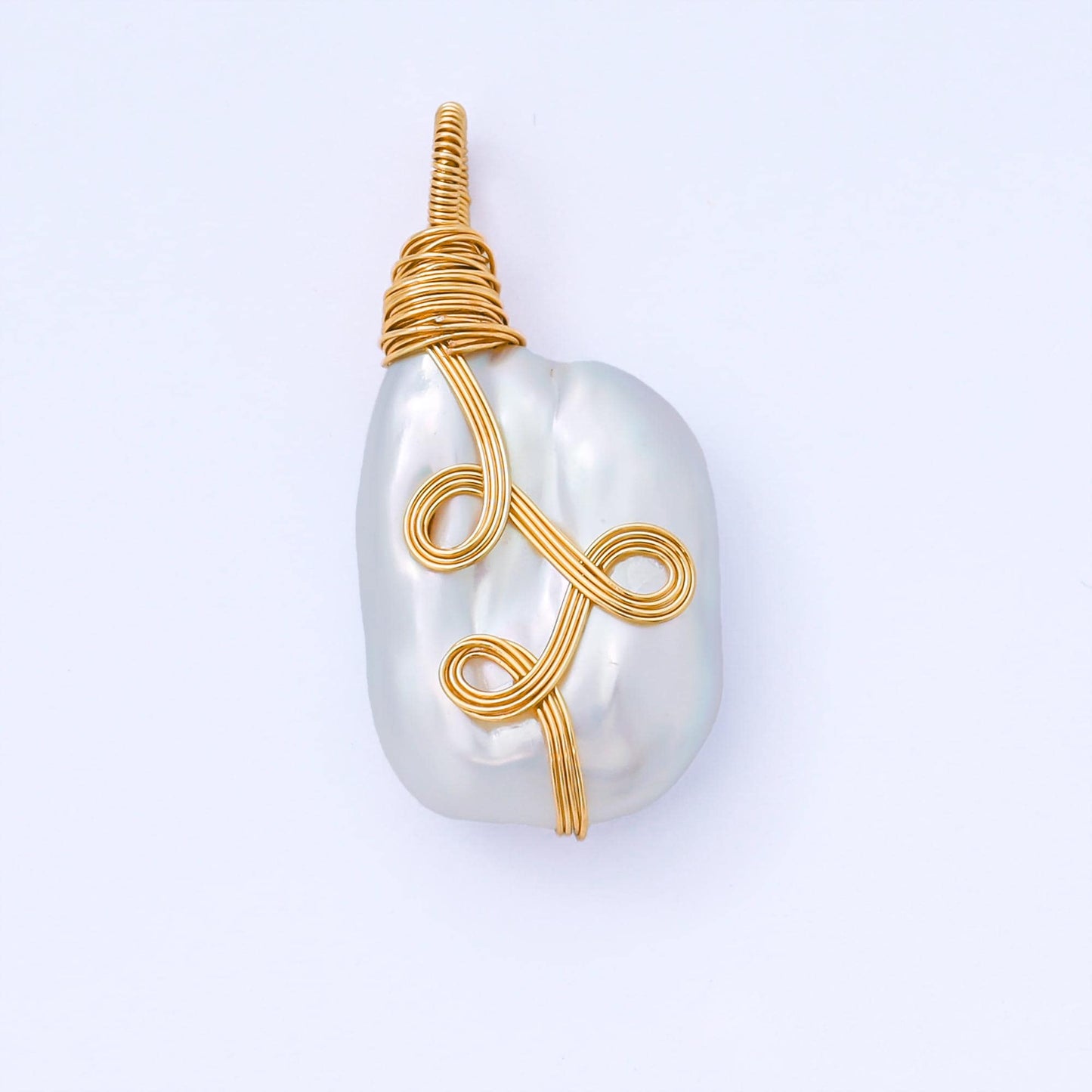 Big Pearl with Gold Plated 34mm White Oval Baroque Freshwater Pearl Multiple Wire Wrapped Charm | AF-579