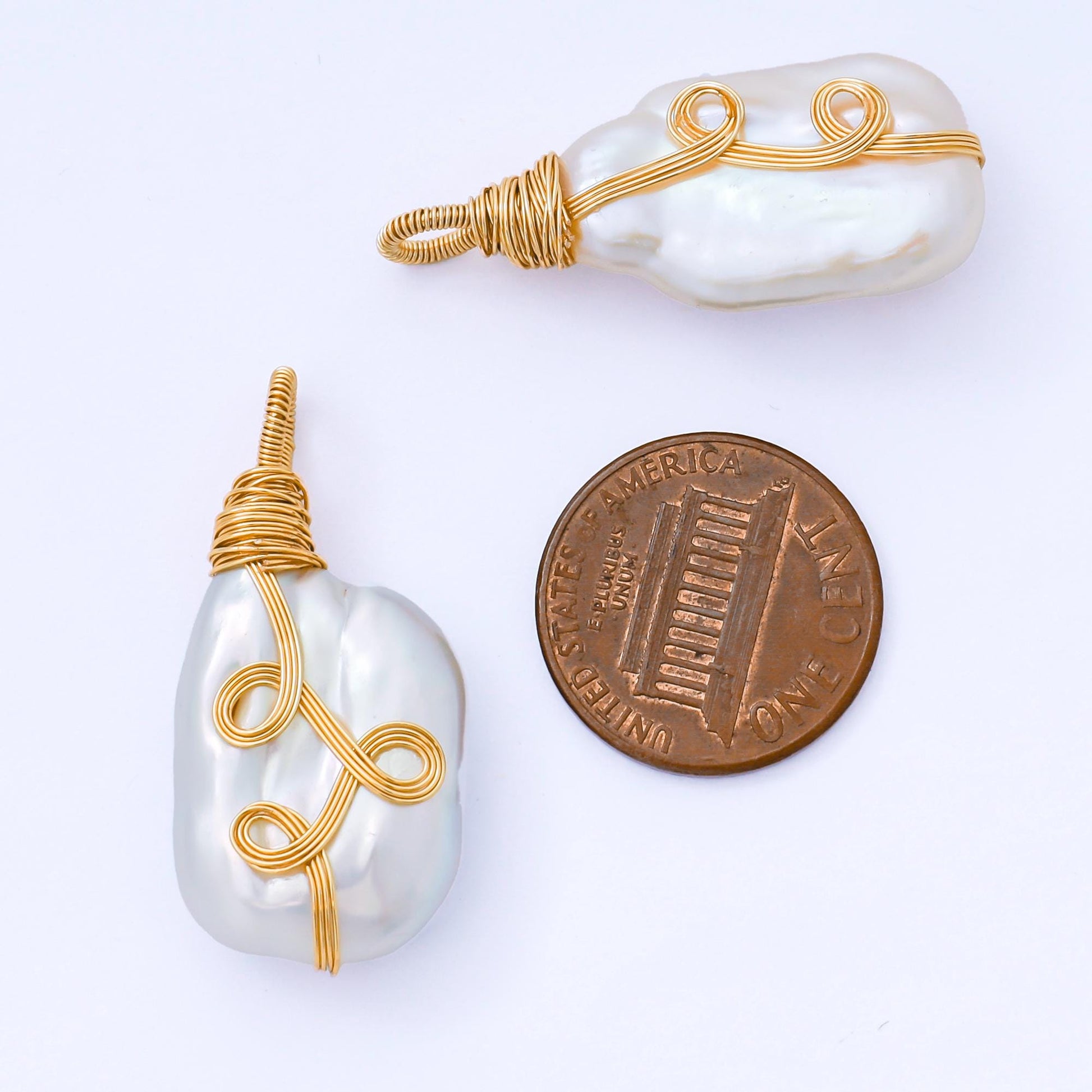 Big Pearl with Gold Plated 34mm White Oval Baroque Freshwater Pearl Multiple Wire Wrapped Charm | AF-579